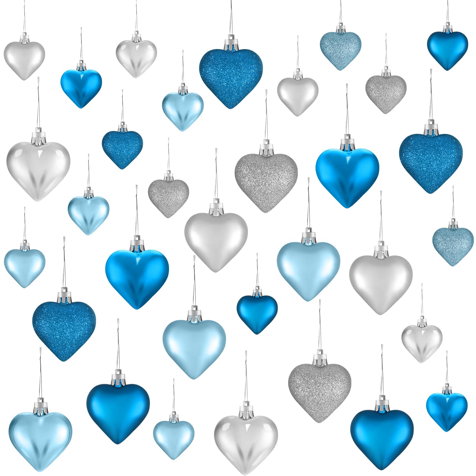 Skylety 30-Piece Valentine's Day Heart Ornaments Set - 3 Styles & 2 Sizes Heart-Shaped Hanging Decorations for Christmas Tree, Wedding, Anniversary - Ice Blue | Romantic Home & Party Decor