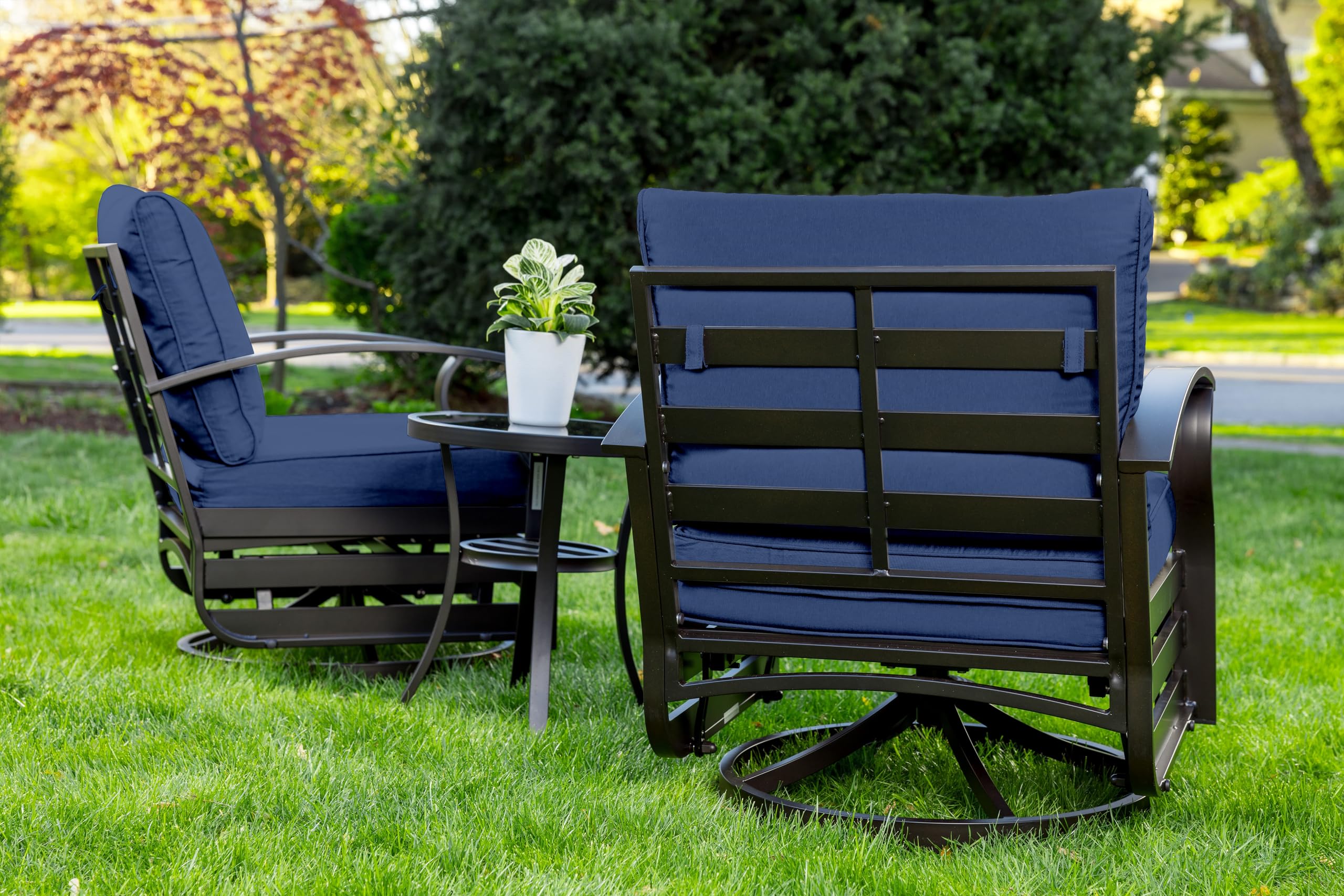 Gotland 3-Piece Outdoor Aluminum Swivel Rocking Chair Set with Coffee Table & Navy Cushions - Patio Furniture for Porch, Garden, Deck, and Backyard Relaxation