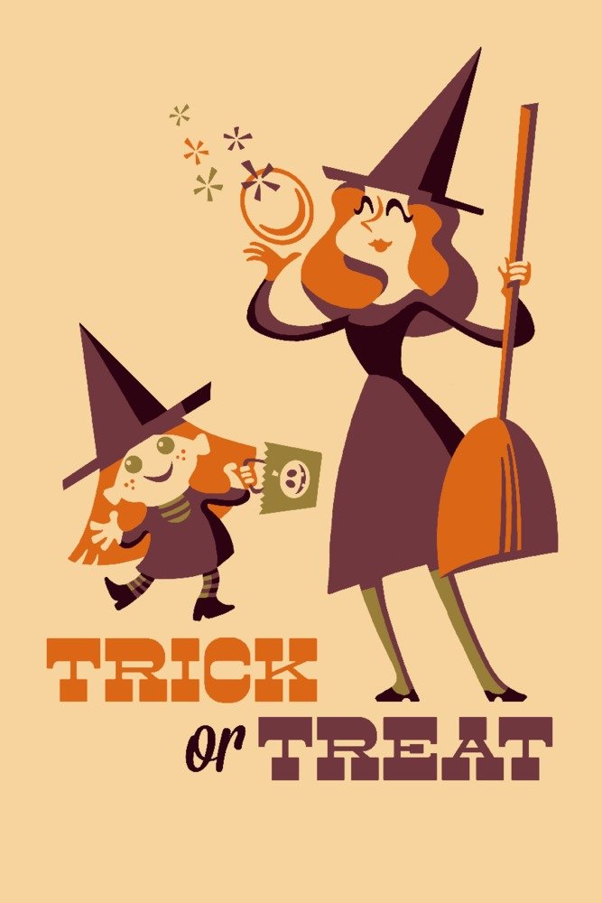 Vintage Halloween Trick or Treat Art Print - Signed 24x36 Wall Decor Poster for Mom & Daughter - Perfect for Halloween Home Decor, Party Supplies & Gift Giving
