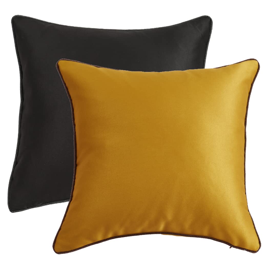 King Protea Black & Gold Decorative Throw Pillow Covers - 18x18 Inch (45x45cm) Soft Silky Satin Fabric with Contrast Piping - Set of 4 for Sofa, Couch, Bed & Chair - Perfect for Living Room, Bedroom & Home Decor
