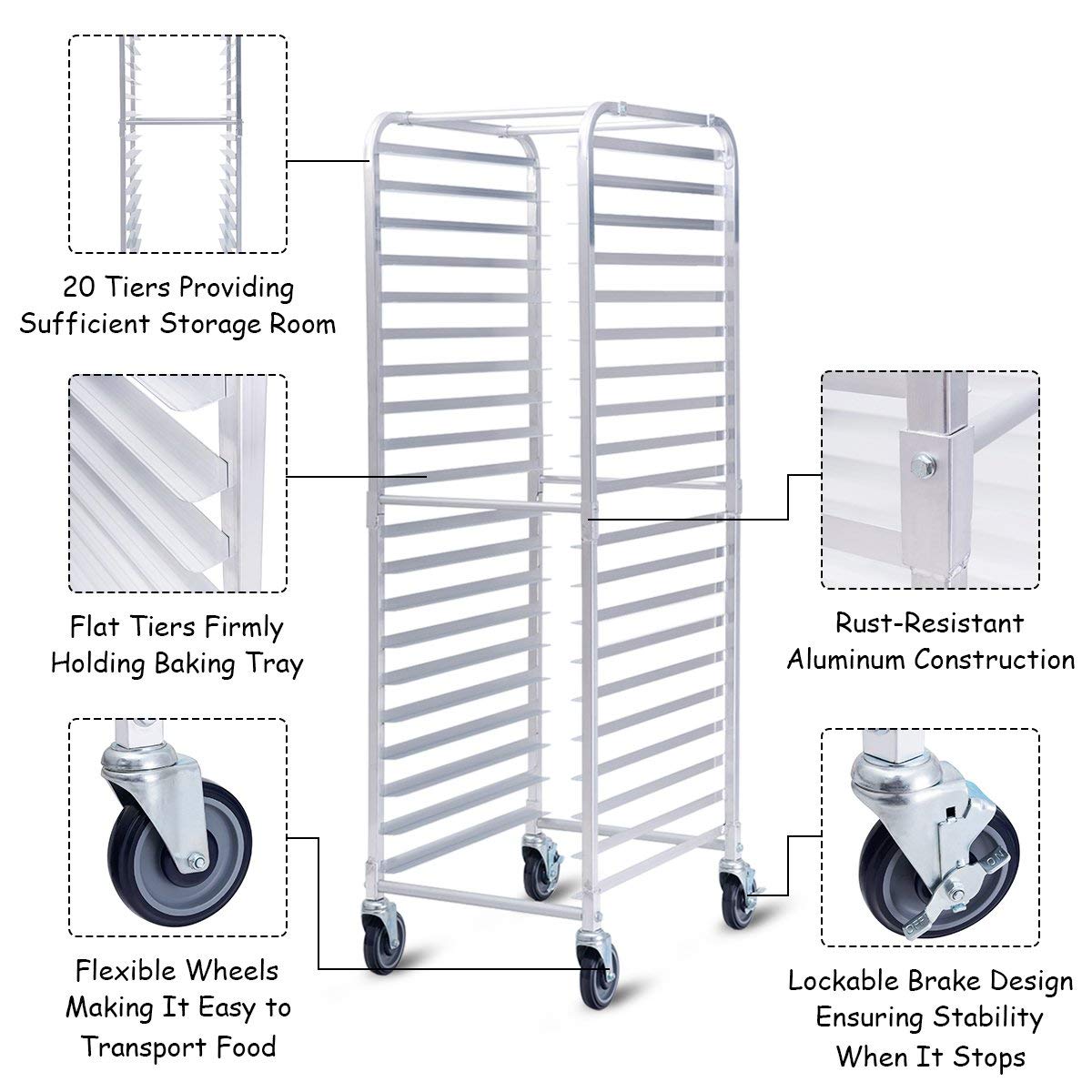 20-Tier Aluminum Bakery Rack with Lockable Wheels - Heavy Duty Mobile Storage Cooling Rack for Donuts, Bread & Pastries - Commercial & Home Kitchen Use - Ideal for Bakeries, Cafes & Restaurants