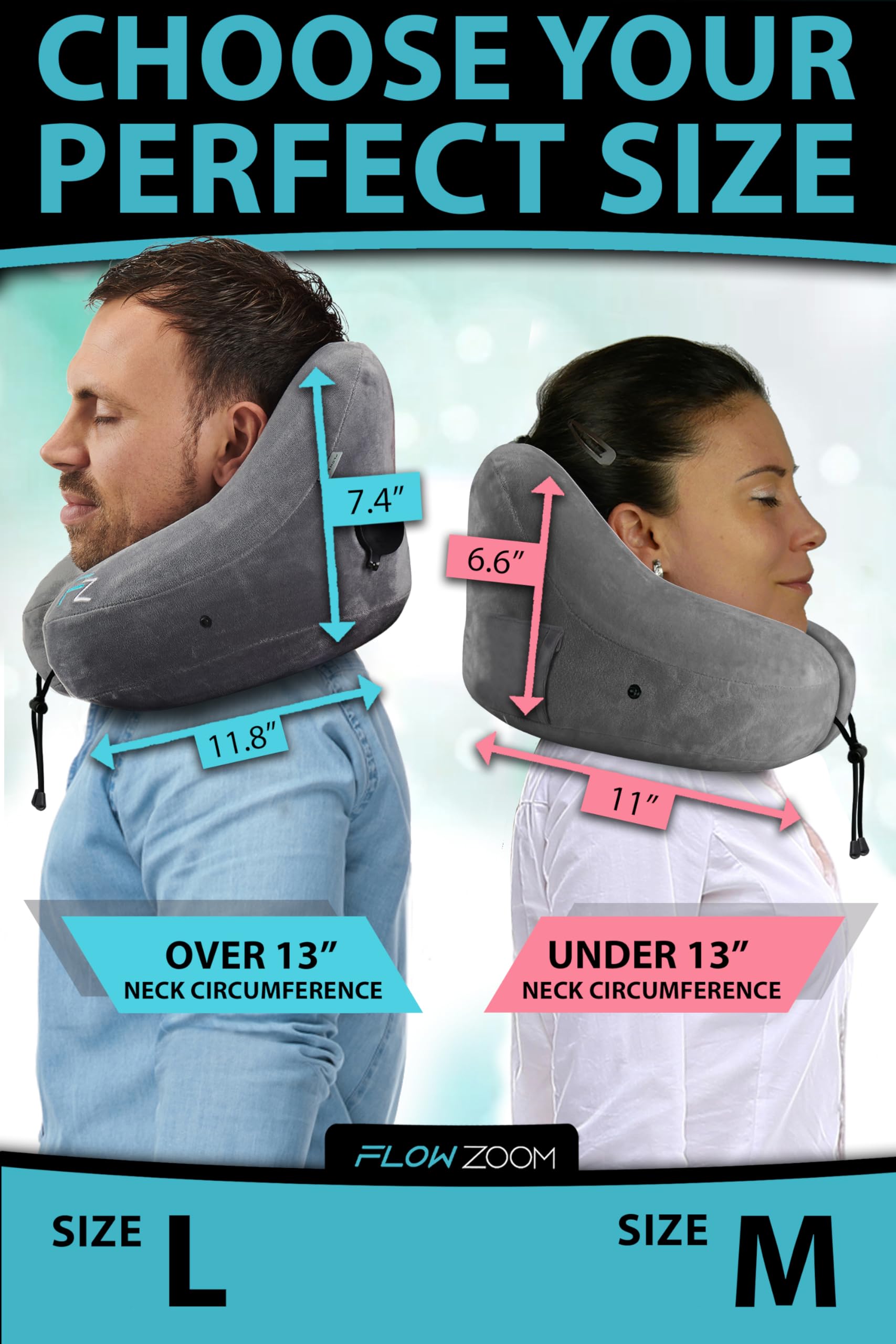 FLOWZOOM AIR Inflatable Travel Pillow for Airplane - Hooded Neck Pillow with Adjustable Support - Compact & Comfortable Flight Pillow for Long Trips - Perfect for Air Travel, Road Trips & Camping - Grey