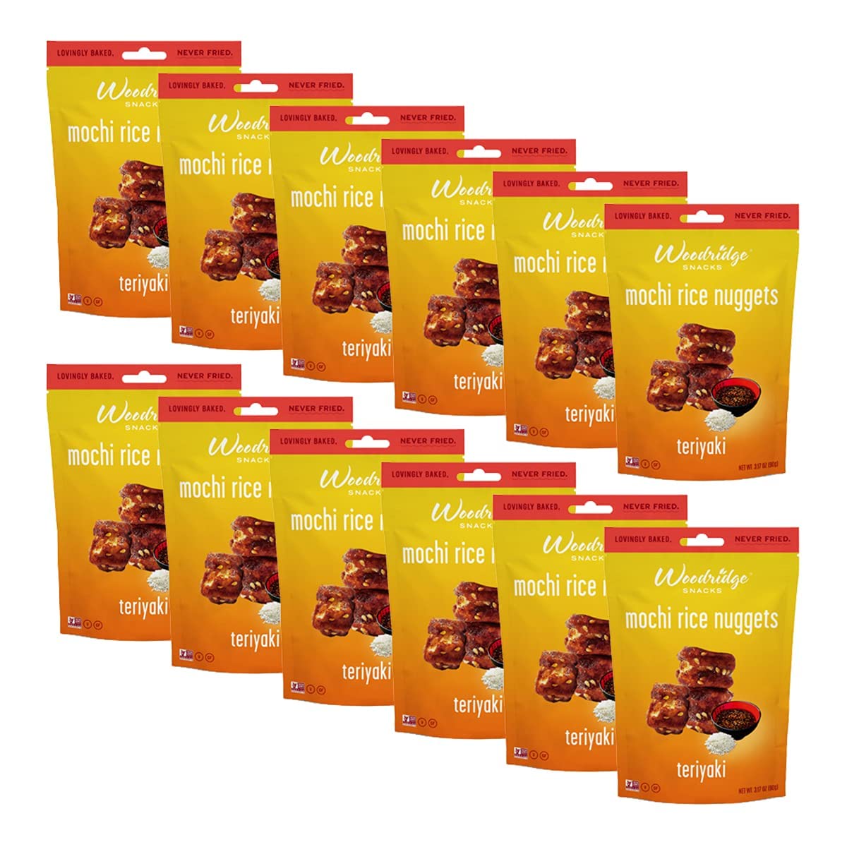 Woodridge Snacks Mochi Rice Nuggets Teriyaki Flavor - 12 Pack (3.17 Oz/90g Bags) | Crunchy Japanese Rice Crackers | Perfect for Parties, Snacking & Lunchboxes