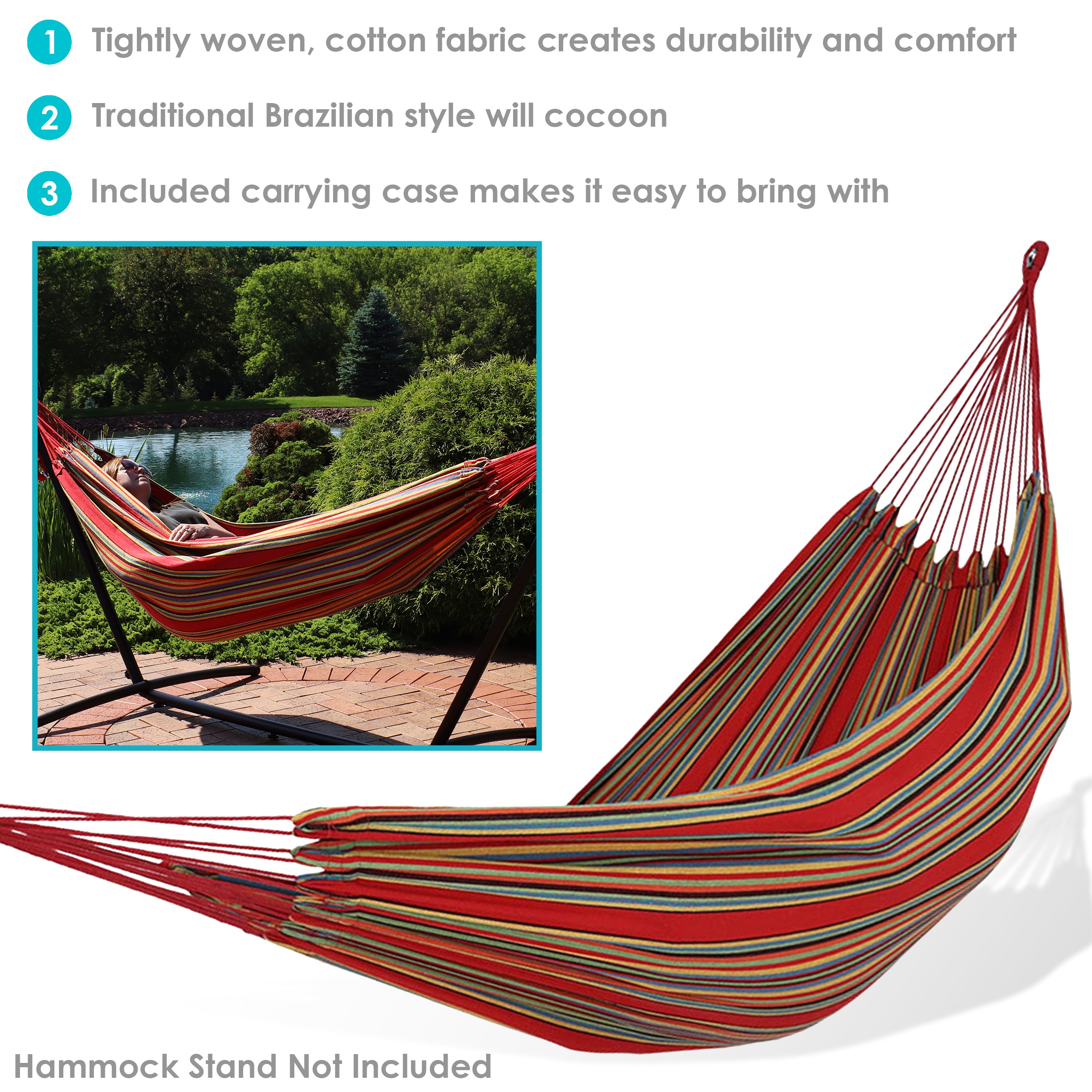 Sunnydaze 2 Person Brazilian Double Hammock - Durable Outdoor Hammock for Backyard, Camping & Beach - Comfortable Cotton Fabric with Spreader Bars