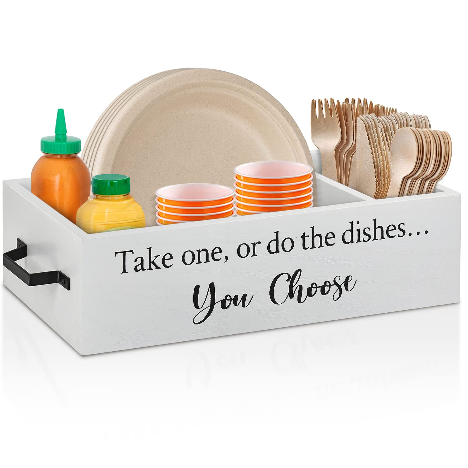 Wooden Paper Plate Holder & Utensil Caddy Organizer - Rustic Kitchen Countertop Dispenser for Plates, Cups, Forks, Spoons & Napkins - Perfect for Wedding, Party, BBQ & Home Organization