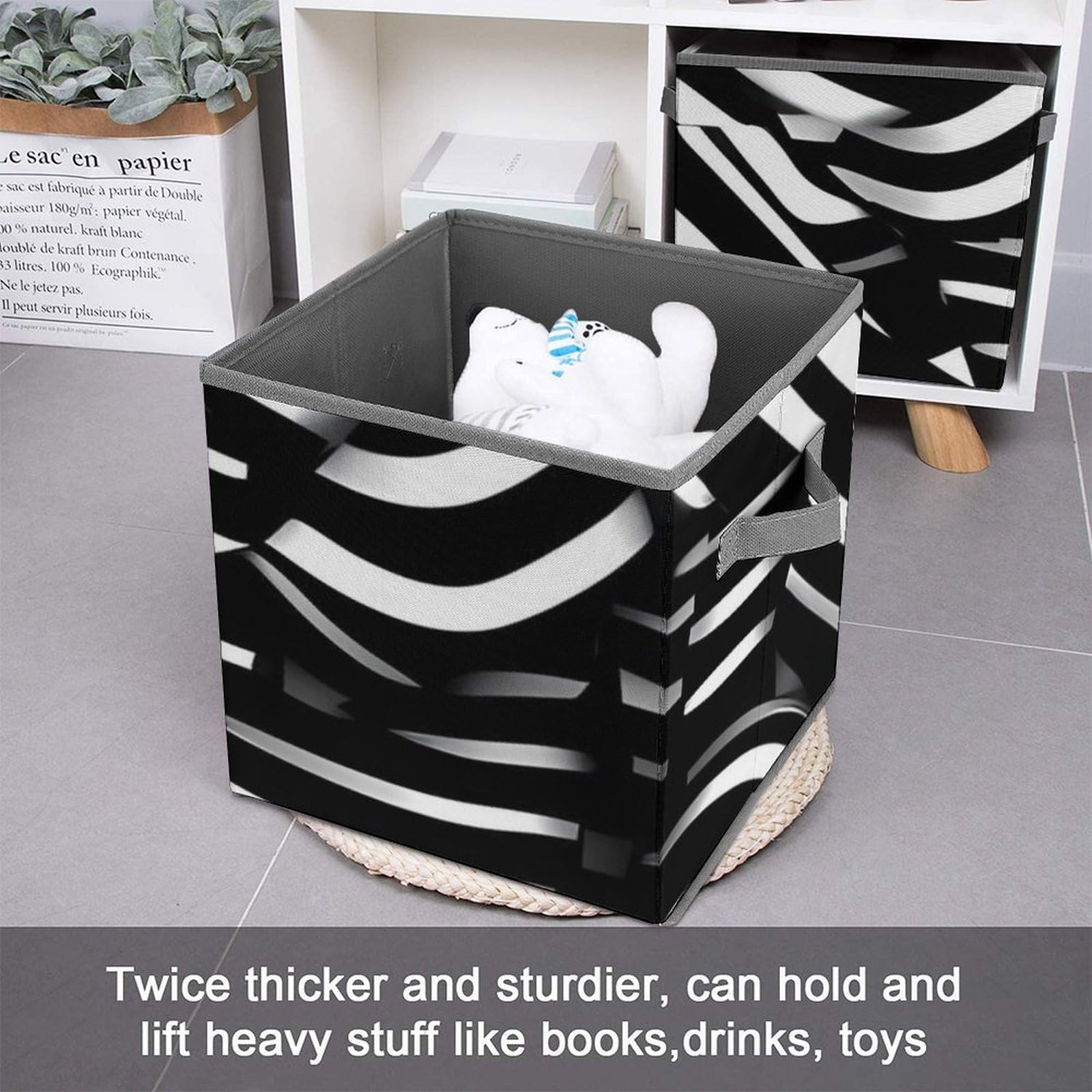 10.6 Inch Collapsible Storage Bins with Handles - Foldable Fabric Organizer Bins for Closet, Shelves, Office & Toy Storage - Space Saving Home Organization Solution (Black & White Striped) - Perfect for Bedroom, Kids Room, Pantry & Laundry Room Organization