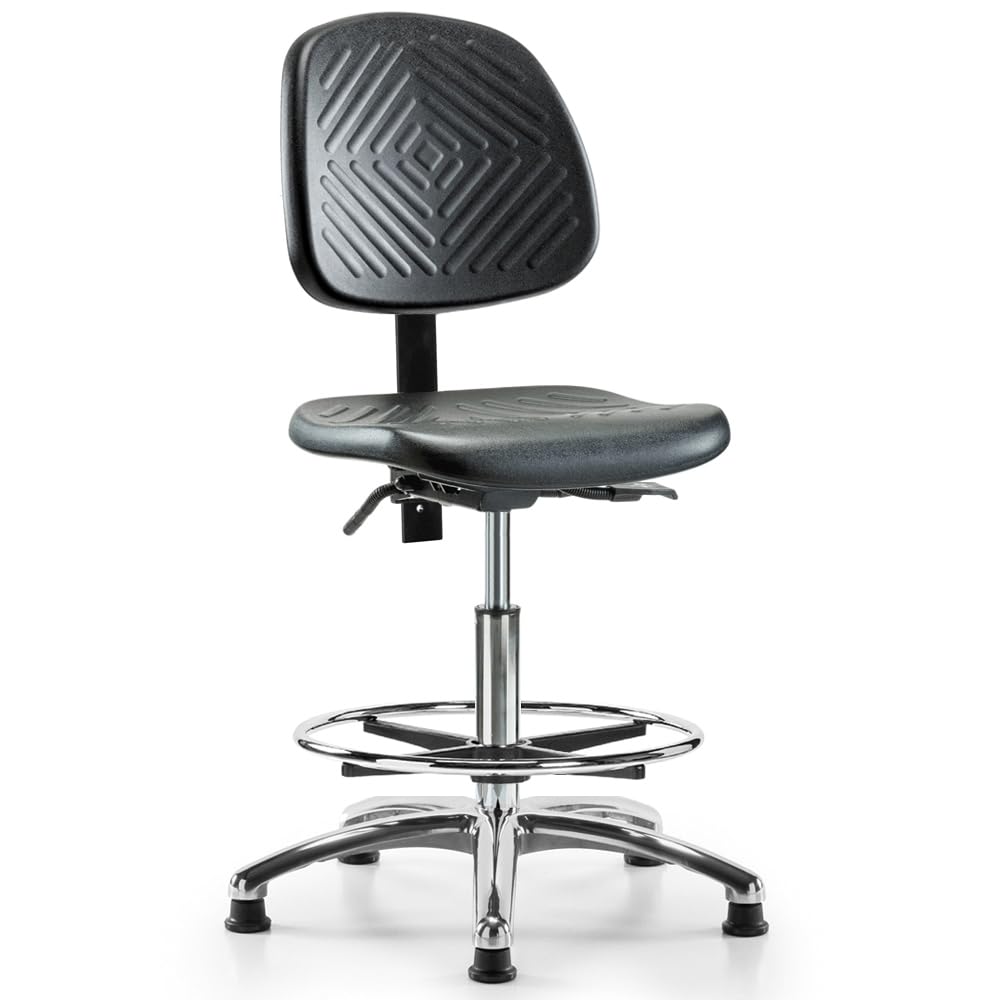 Ergonomic Industrial Counter Height Chair - Chrome Finish with Large Back Support, Footring & Stationary Base - Wheel-Free Office Stool for Kitchen, Bar, Workshop & Standing Desks - Heavy Duty Drafting Chair for Comfortable Seating