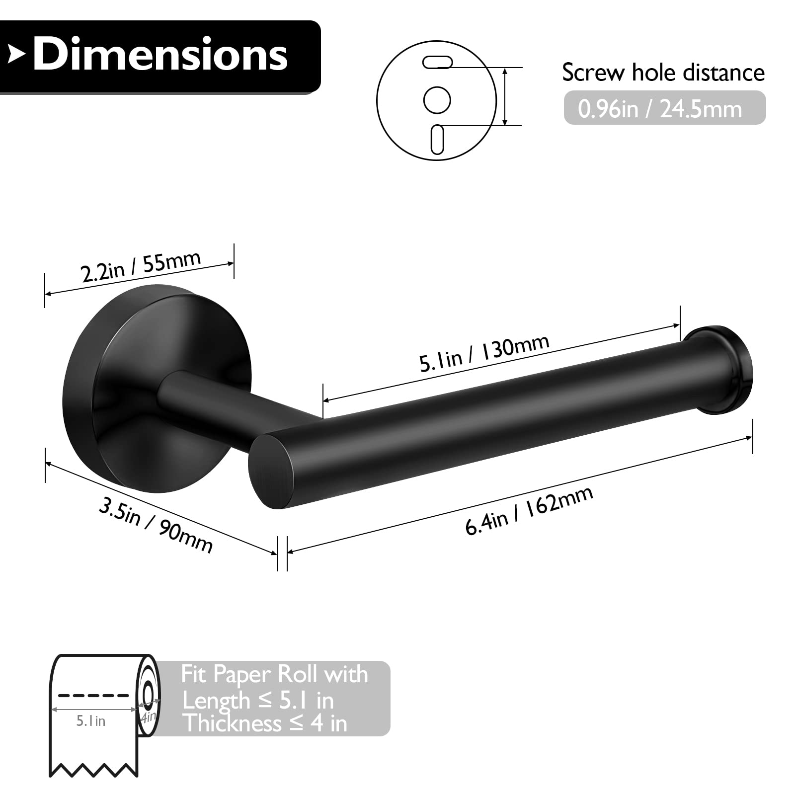 Matte Black Toilet Paper Holder - SUS304 Stainless Steel Wall Mounted Bathroom & Kitchen Toilet Roll Holder - Durable & Rustproof Bathroom Accessory for Modern Homes & Apartments