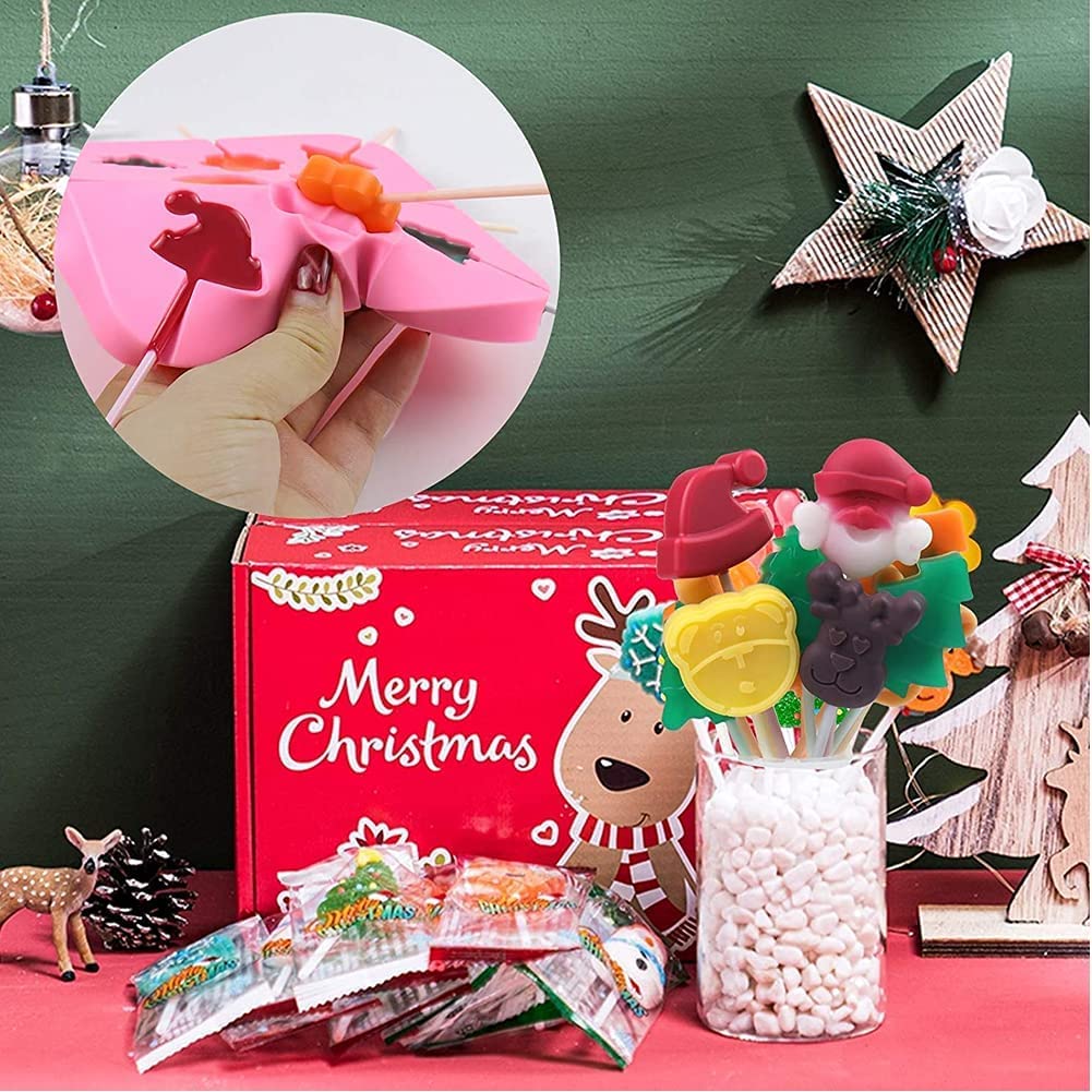 2PCS Christmas Lollipop Candy Molds - 8 Cavities Silicone Lollipop Molds for Chocolate & Hard Candy (Santa Claus, Christmas Tree, Reindeer) with Lollipop Sticks - Perfect for Holiday Baking, DIY Candy Making & Christmas Party Favors
