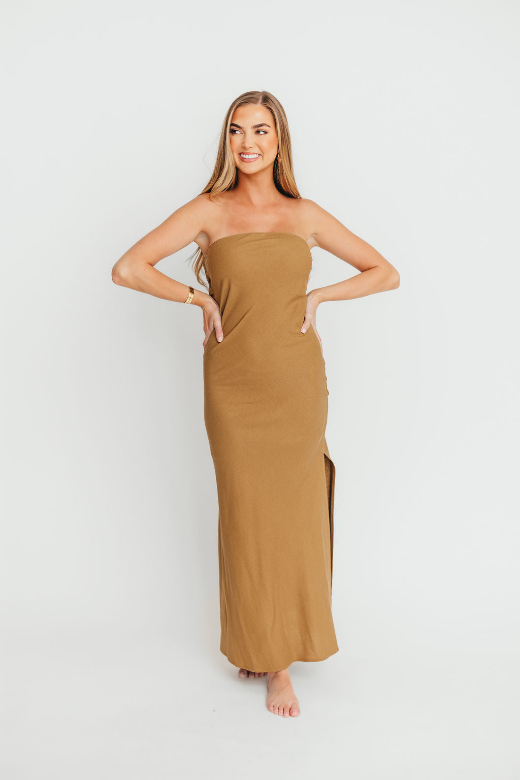 Naidelyn Strapless Maxi Dress - Elegant Golden Palm Print Summer Beach Wedding Party Gown - Perfect for Vacations, Date Nights & Formal Events
