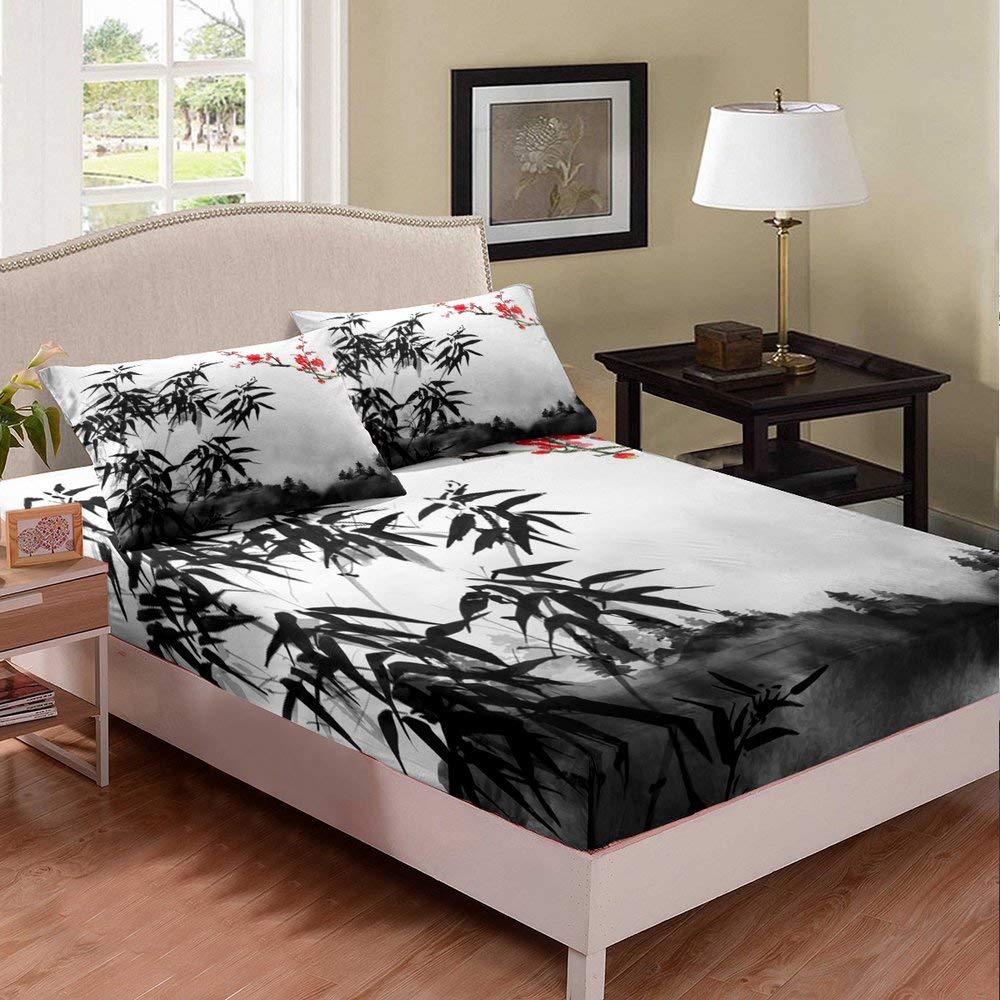Chinese Plum Blossom Ink Painting Bedding Set - 3 Piece Kids Bamboo Mountain Themed Bed Cover for Boys & Girls | Traditional Asian Decor for Modern Bedrooms | Perfect for Cultural Themed Rooms & Gift Giving