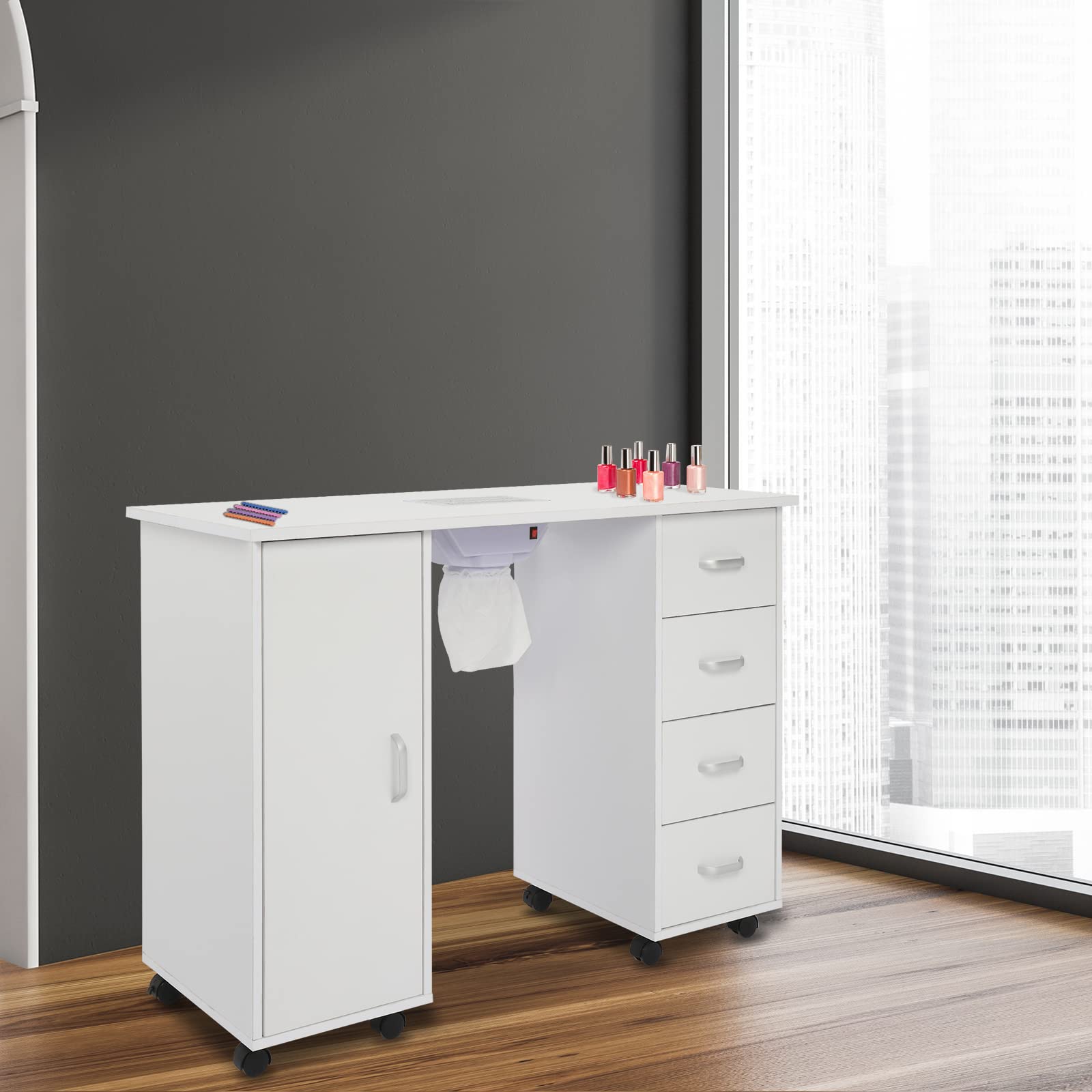 Professional Manicure Table with Downdraft Ventilation - Nail Tech Station with 4 Removable Drawers, 2-Tier Storage Cabinet & Lockable Wheels | Perfect for Salon, Spa & Home Nail Art Studio