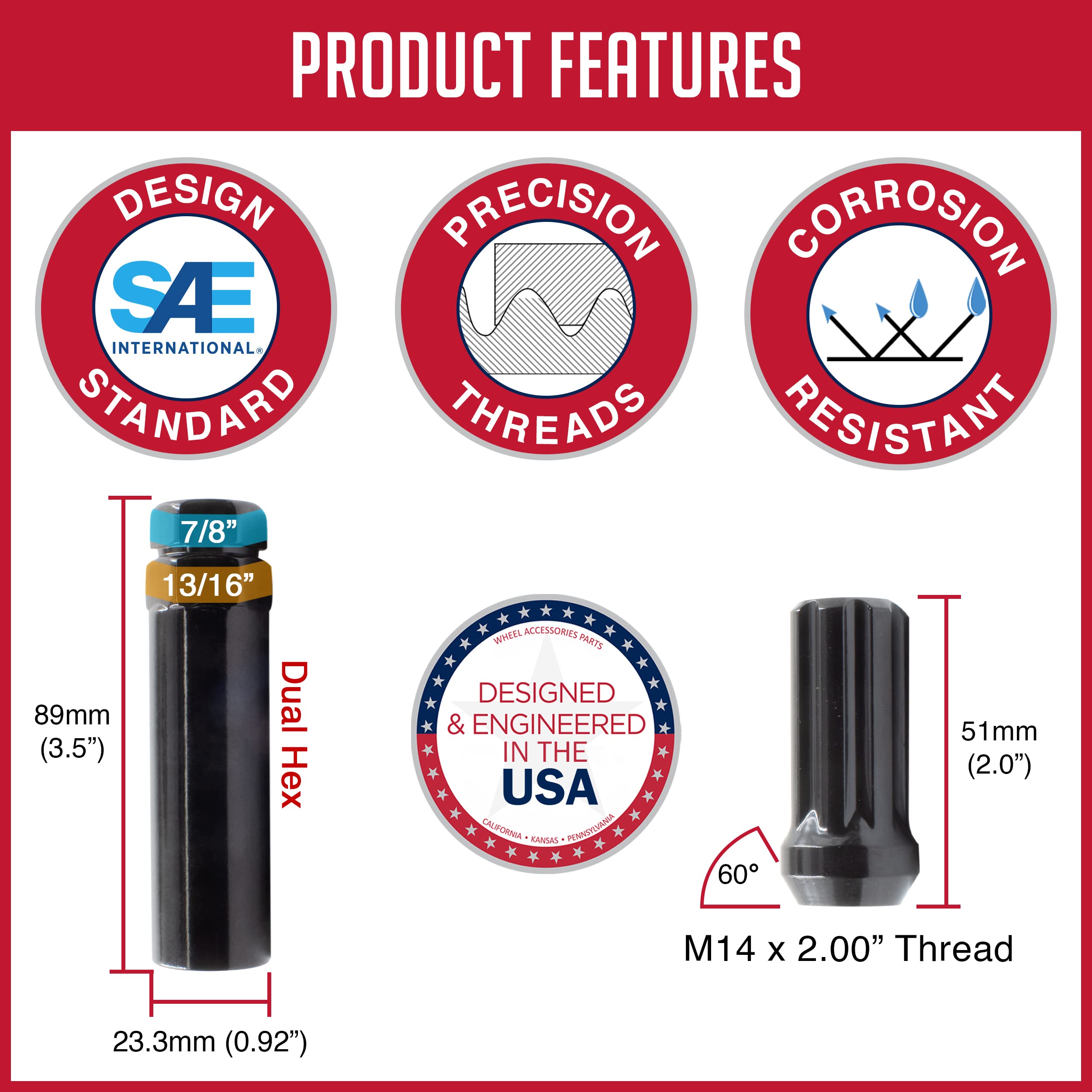 Black Chrome 7 Spline Lug Nuts - M14x2 Thread for Ford Expedition & Lincoln Navigator (2000-02) - Wheel Accessories for Trucks