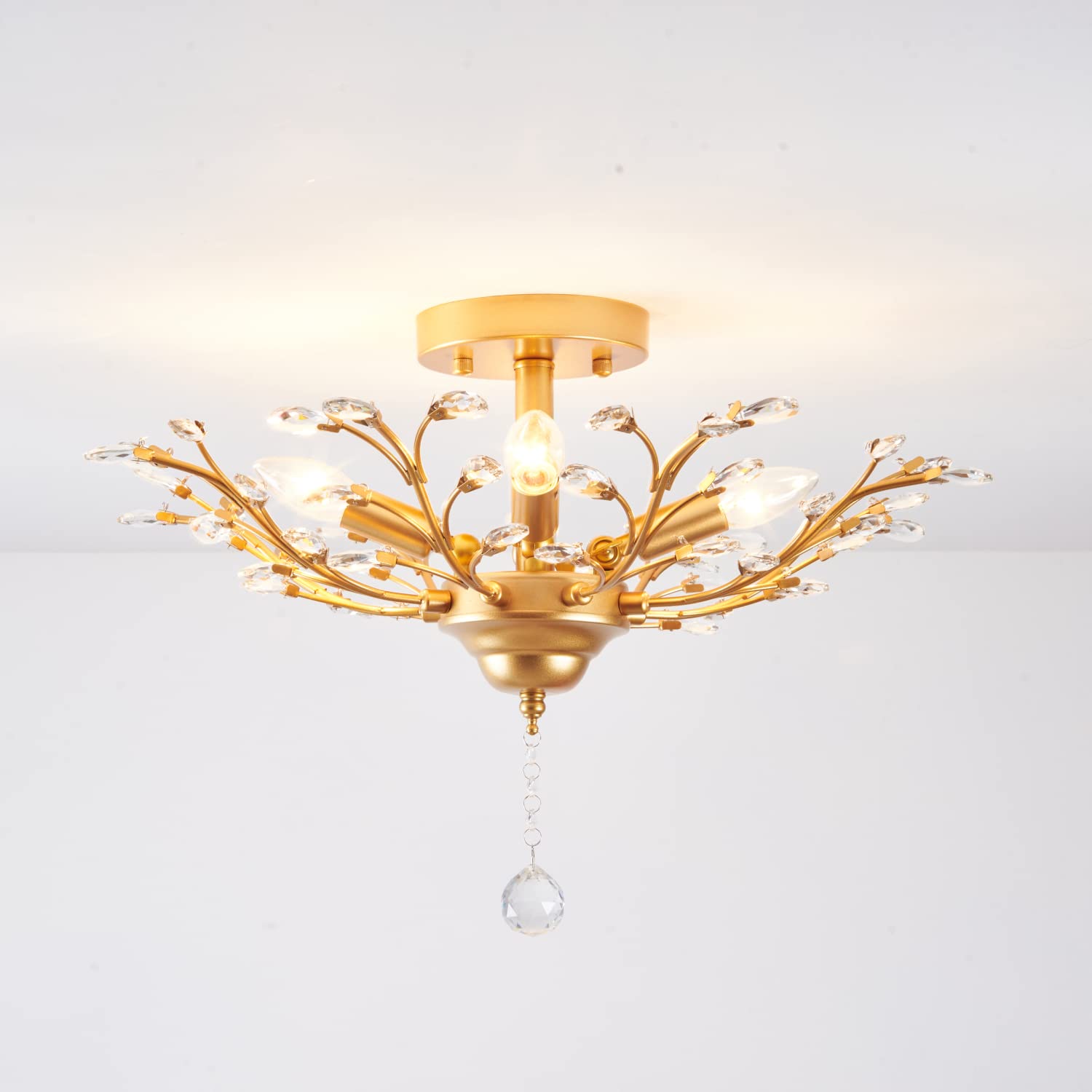 Vintage Crystal Branch Chandelier - 4-Light Flush Mount Ceiling Fixture with Tree Leaves Design for Dining Room, Bedroom & Living Room Lighting
