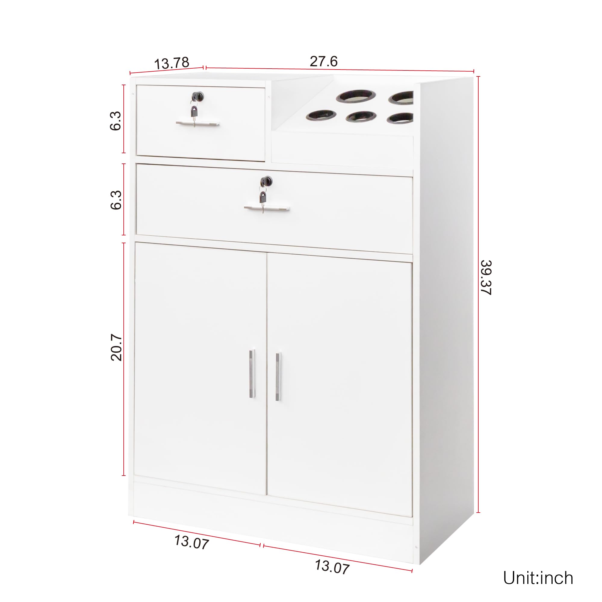 Salon Storage Cabinet with Hair Dryer Holder - 2 Drawers & 1 Cabinet for Salon, Barber & Home Use - White