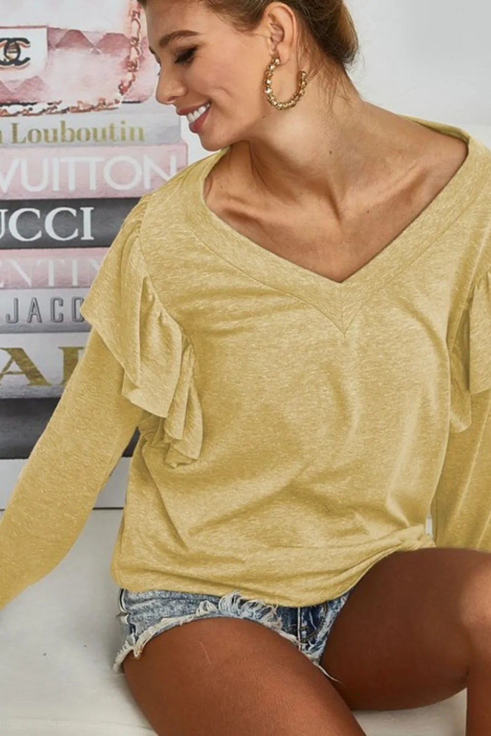 BiBi Triblend V Neck Top with Shoulder Shirring Detail - Soft Stretch Women's T-Shirt for Casual Wear, Layering & Everyday Outfits