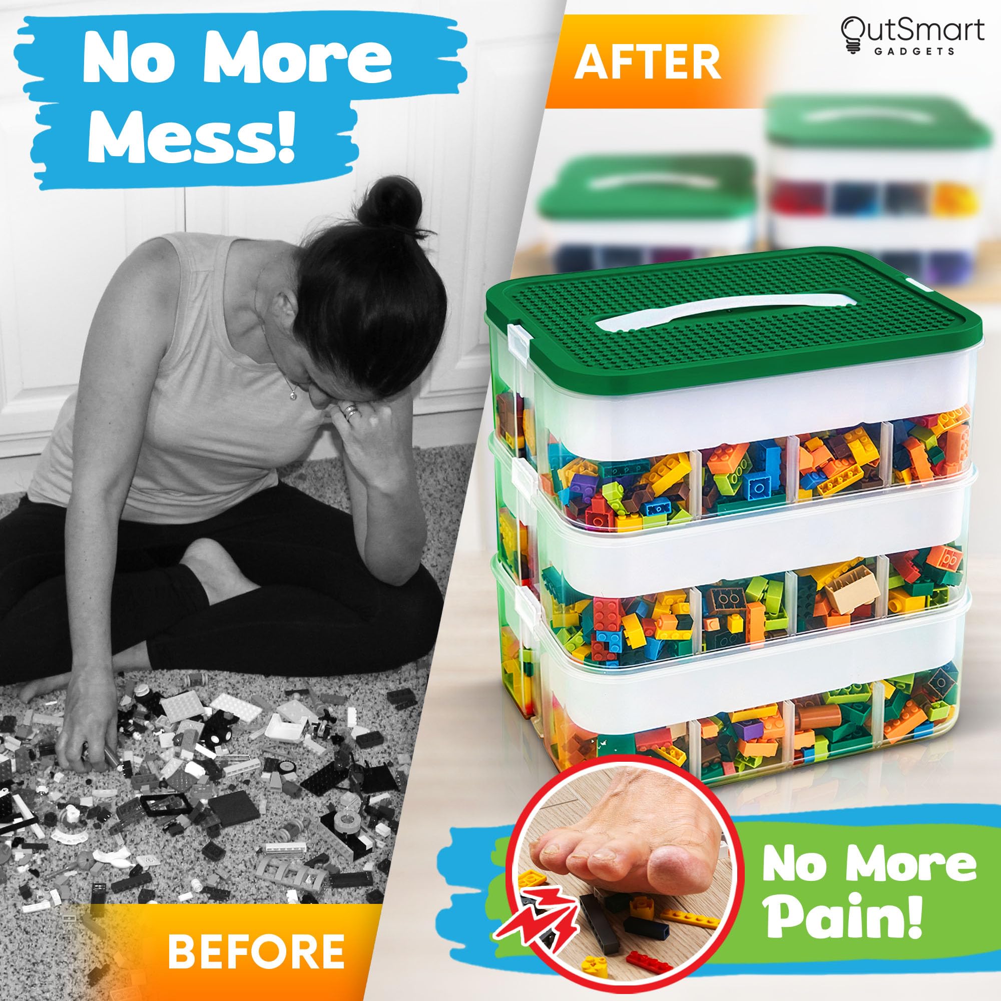 Stackable Plastic Toy Storage Organizer Bin for LEGO, Building Blocks, Dolls & Crafts - 3-Tier Adjustable Compartment Organizer with ABC Stickers & 2 Lids - Perfect for Kids' Room, Playroom & Classroom Organization