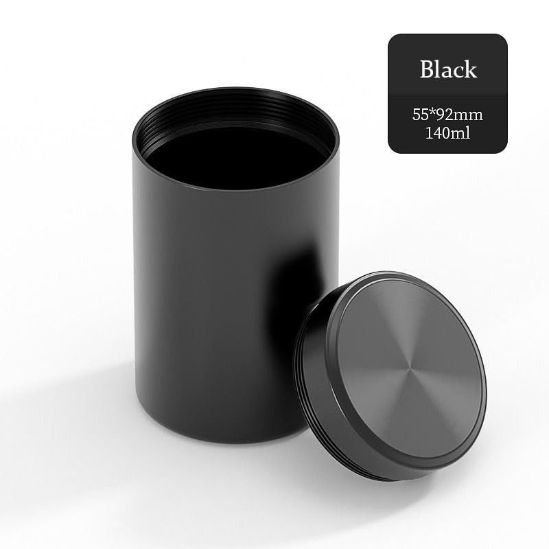 2PCS Airtight Aluminum Storage Jars - 140ml Portable Spice Containers for Coffee, Tea, Herbs & Dry Food - Black & Silver - Ideal for Kitchen, Pantry, Camping & Travel Organization