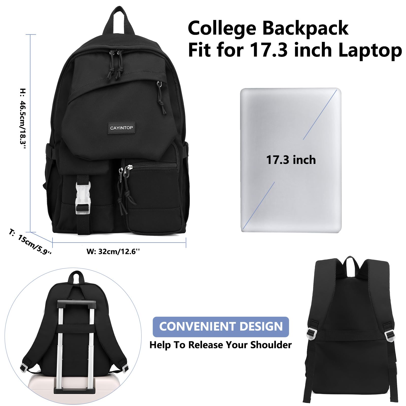 17.3 Inch Laptop Backpack for Women & Men - USB Charging Port School Bookbag for College Students, Teens, Boys & Girls | Durable Black Backpack for Work, Travel & Everyday Use