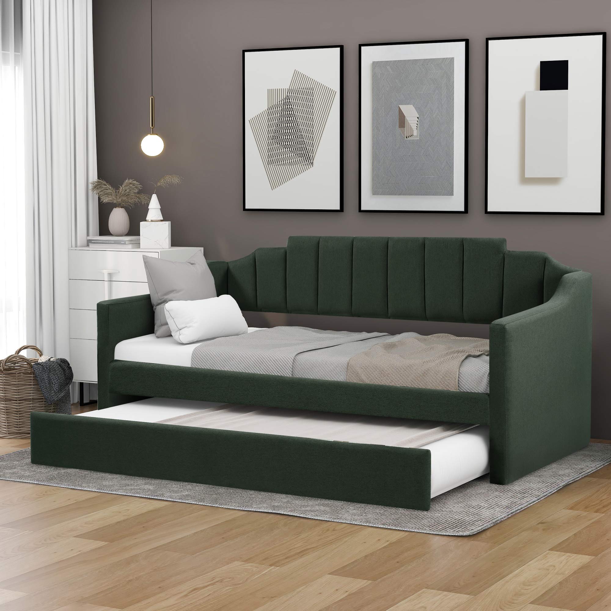 Kteam Upholstered Twin Daybed with Trundle - Twin Size Sofa Bed Frame with Wheels, Convertible Sleeper for Guest Room, Dorm or Small Space (Green)