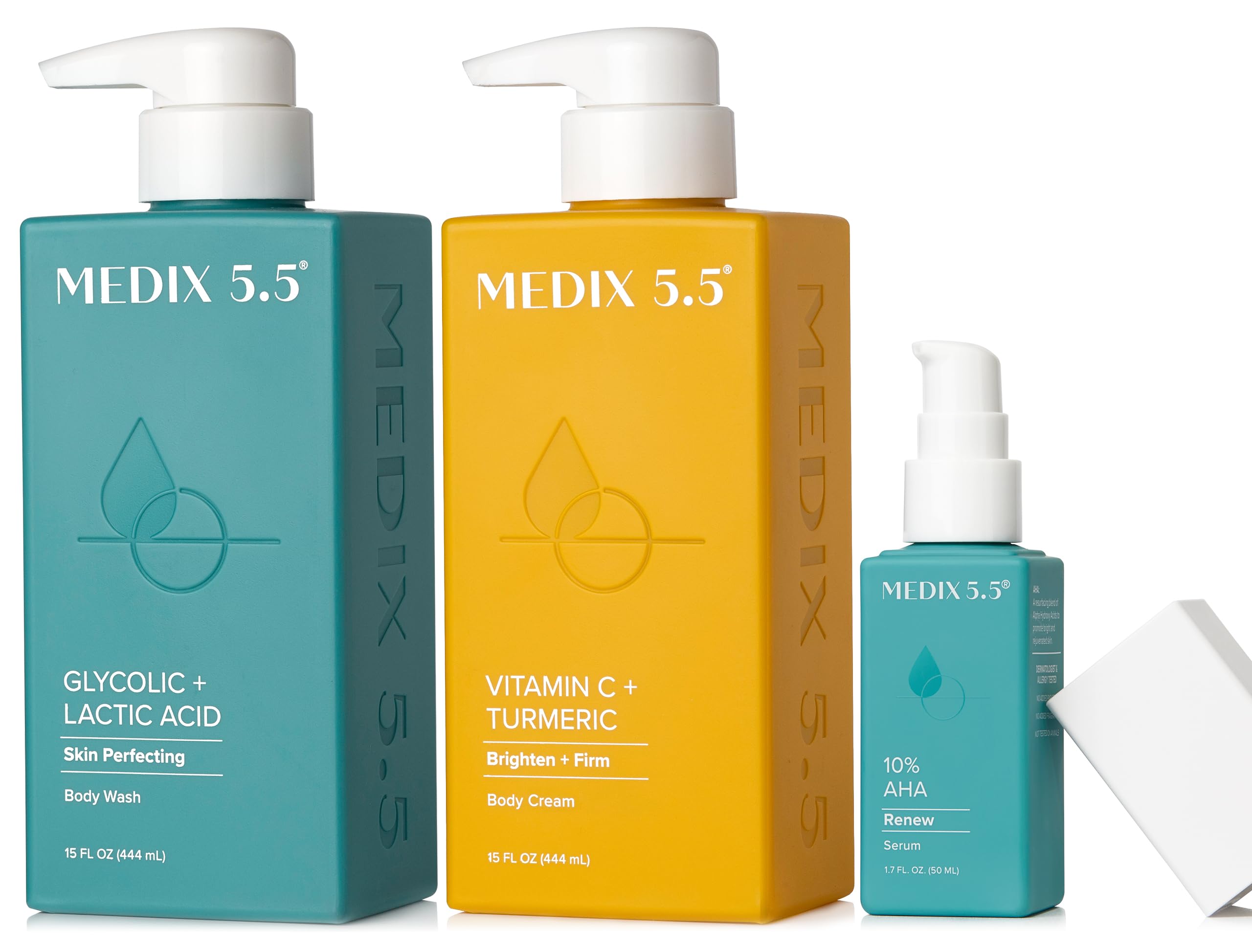 Medix 5.5 Vitamin C Firming Body Cream + Glycolic Acid Exfoliating Body Wash + 10% Glycolic Acid Body Serum Set for Skin Brightening & Anti-Aging | Skincare Routine for Dry, Dull Skin | Perfect for Daily Use & Spa Nights