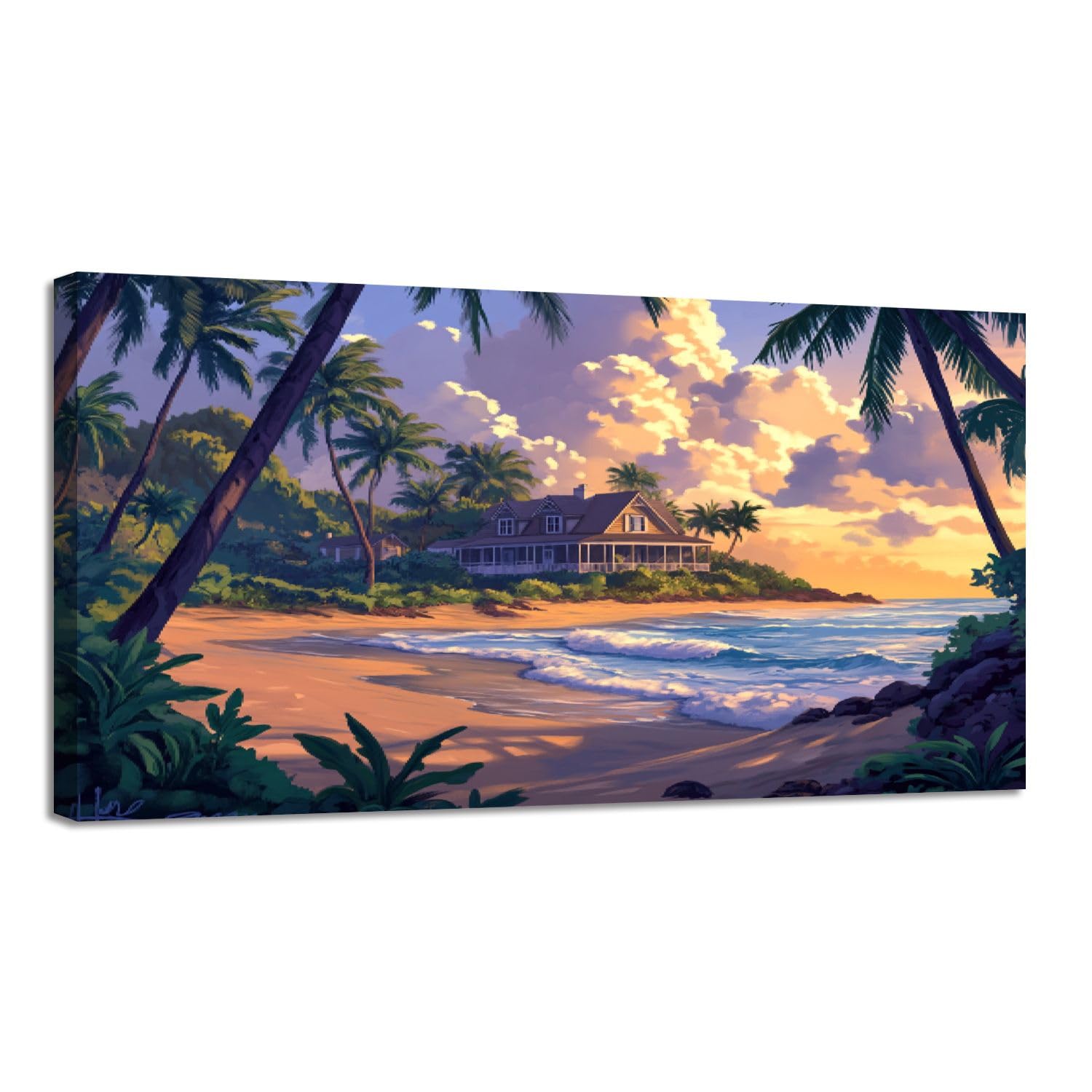 Large Beach Wall Art - 30''x60'' Palm Trees & Ocean Waves Canvas Print - Tropical Coastal Decor for Living Room, Bedroom, Bathroom - Relaxing Beach Scene Wall Painting for Home & Office Decor