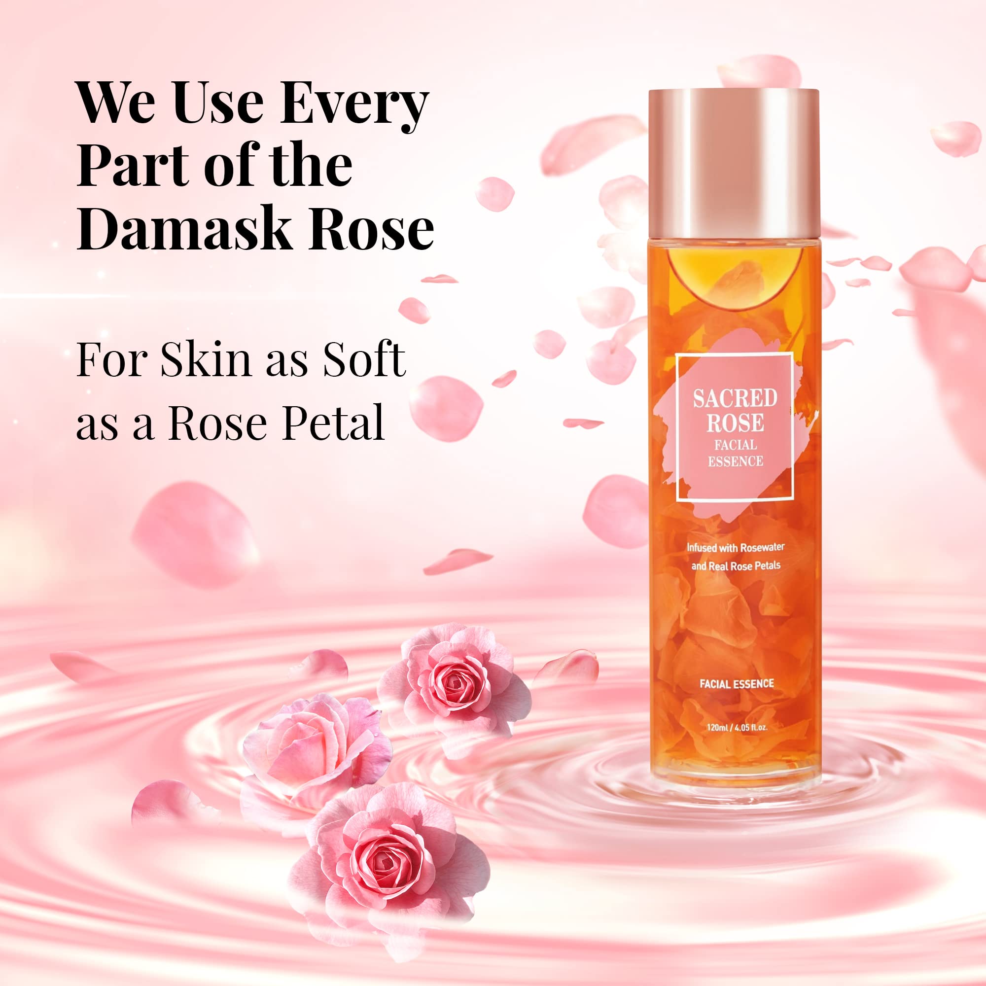 K Beauty Sacred Rose Facial Essence - Brightening Serum with Rose Water & 6 Hyaluronic Acids for Deep Hydration & Dewy Glow | Perfect for Dry Skin, Morning Routine & Night Skincare Regimen