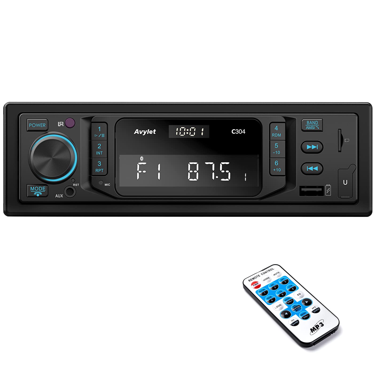 Avylet 1 DIN Car Stereo with Bluetooth 5.0 - RDS/FM/AM Radio, Hands-Free Calling, 7 Color Display, 2 USB Ports, AUX/MP3 Support (30 Presets) - Perfect for Commuting & Road Trips