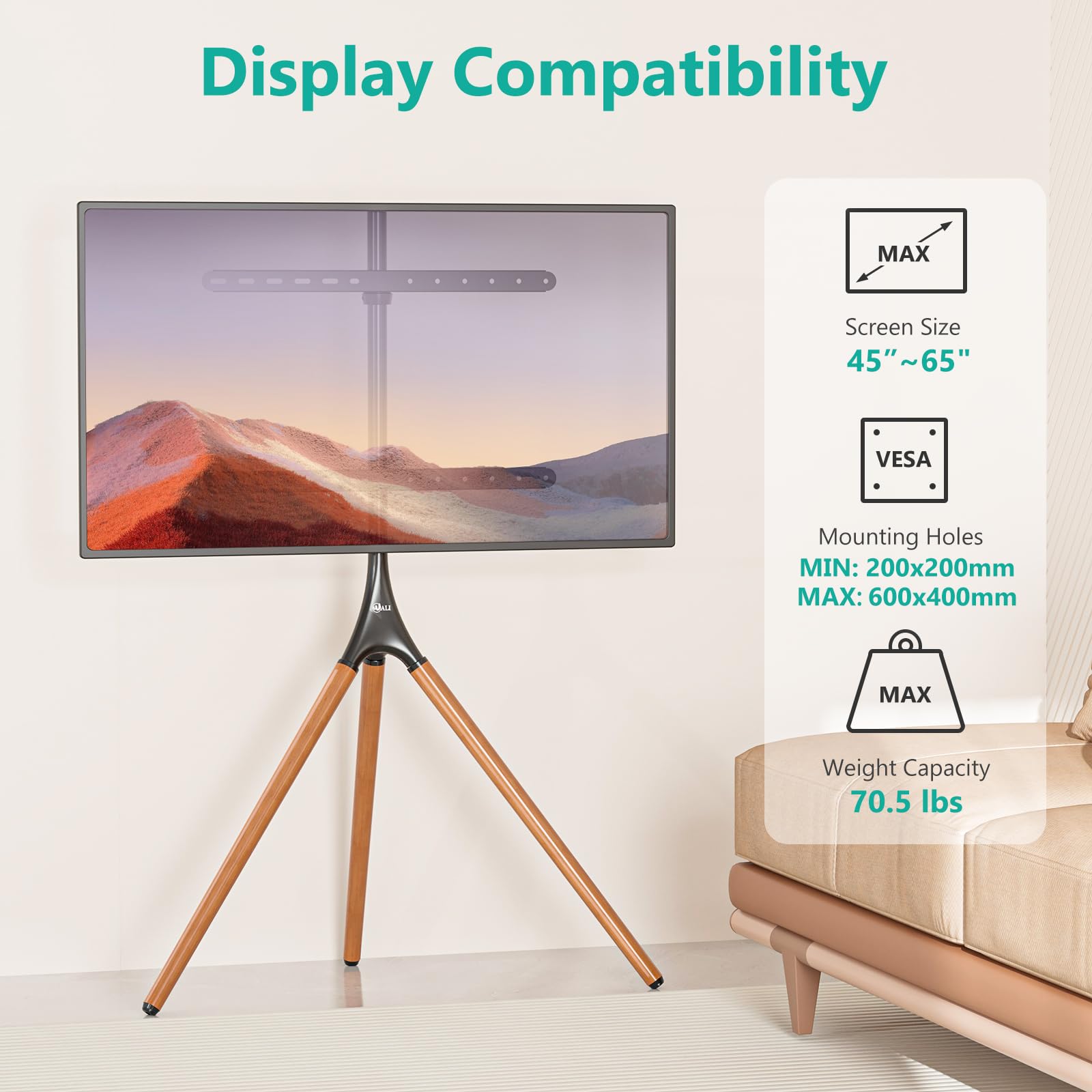 WALI Tripod TV Stand for 45-65 Inch TVs - Adjustable Height Modern Easel Floor Stand with Beech Wood Legs - Portable Corner TV Mount for Living Room, Bedroom, Office & Studio (Black, TFS001XL) - Perfect for Home Entertainment & Professional Spaces