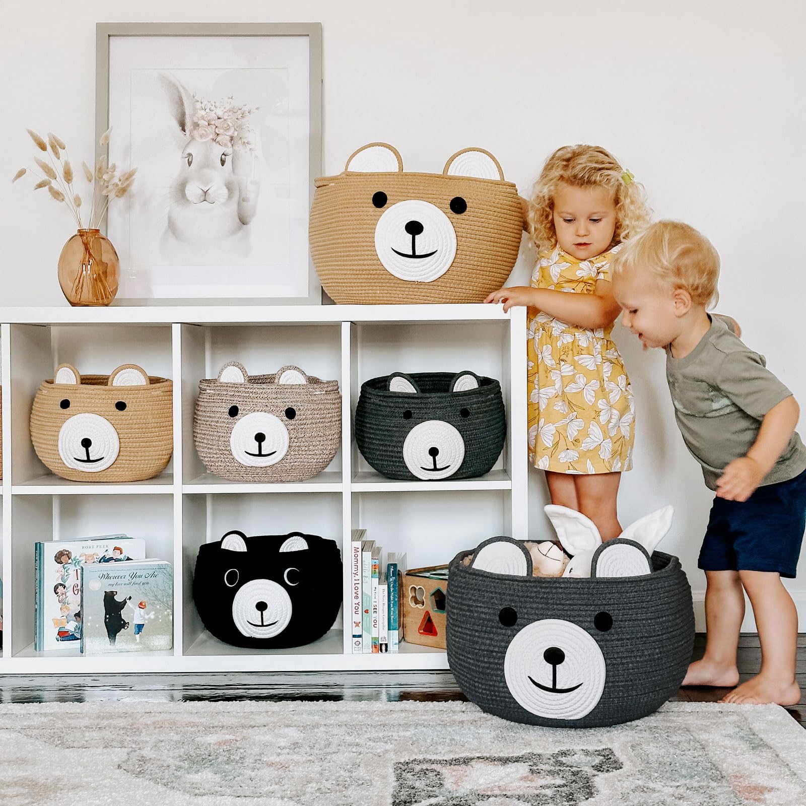 CherryNow Baby Basket - Nursery Bear Gift Basket for Kids & Baby Showers - Grey Cotton Rope Storage for Toys & Essentials
