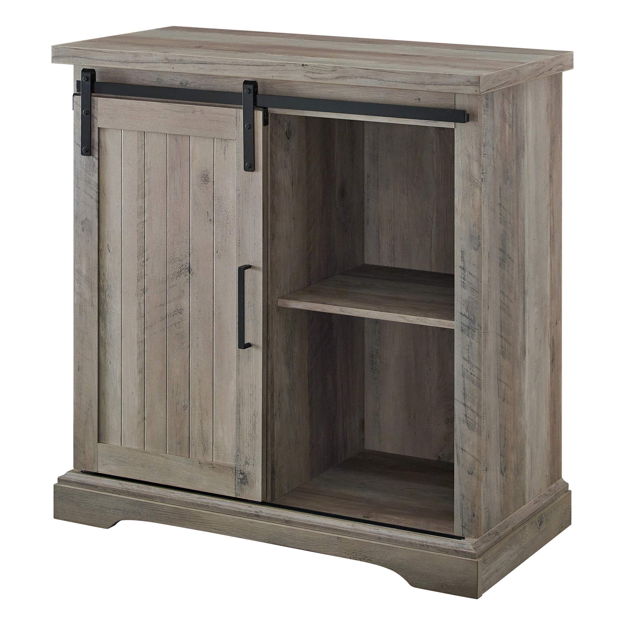 Walker Edison Carson Modern Farmhouse Sliding Slat Door Storage Cabinet - 32 Inch Grey Wash | Rustic Bathroom Vanity, Bedroom Closet Organizer & Entryway Shoe Storage