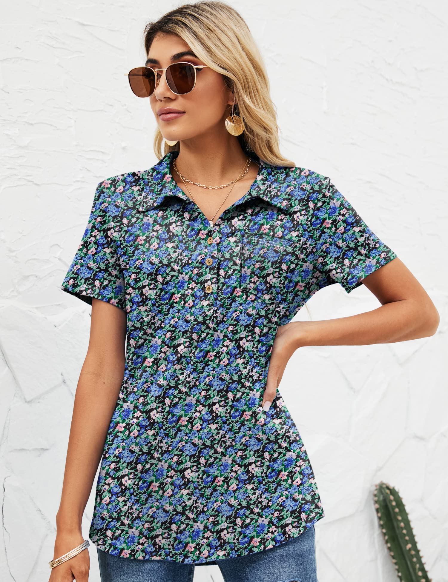 TFSDOD Women's Short Sleeve Polo Shirt - V Neck Business Casual Button Down Tunic Top with Pocket | Office Wear, Work Attire & Professional Outfits