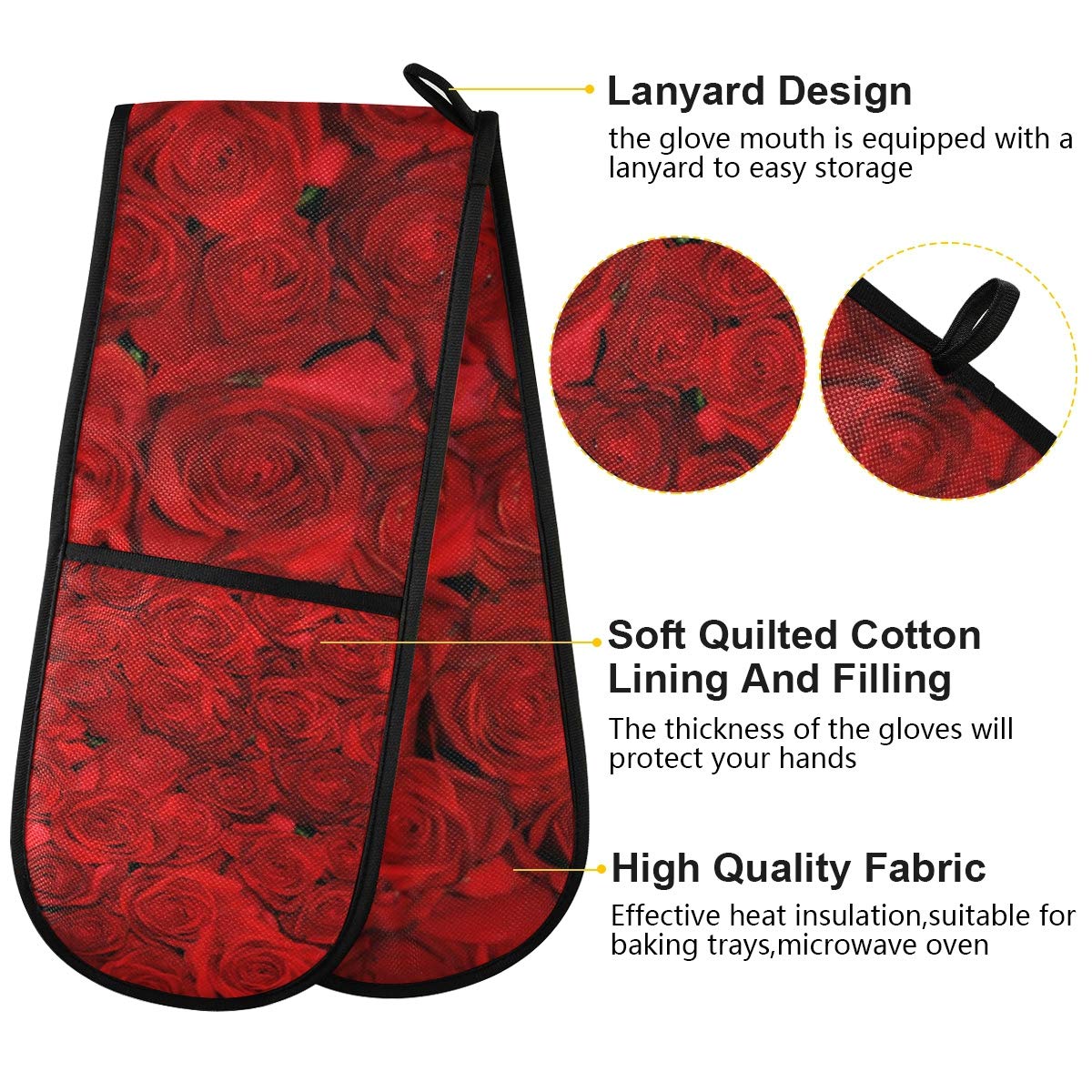 Heat Resistant Red Rose Floral Double Oven Mitts - Extra Long 7