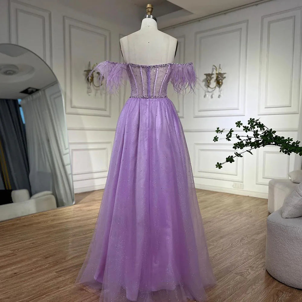 Elegant Lilac Feather Beaded A-Line Evening Gown for Women | Luxury Dubai Arabic Style Long Party Dress | Perfect for Weddings, Galas & Formal Events - LA72326