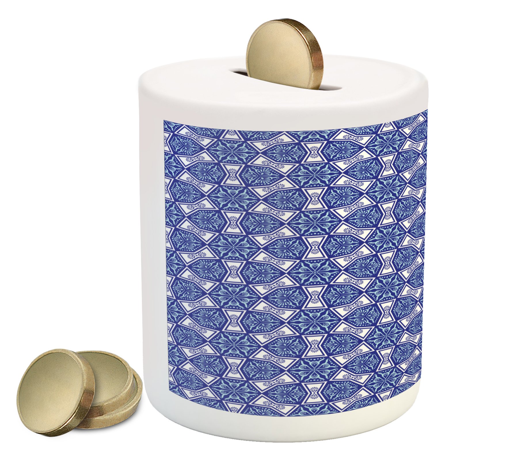 Ambesonne Turkish Pattern Ceramic Piggy Bank - Blue & White Mosaic Art Design Coin Bank for Cash Savings | Perfect Gift for Kids, Collectors & Home Decor (Royal Blue, Pale Blue, White) | Use for Birthday Presents, Coin Collection & Money Saving Goals