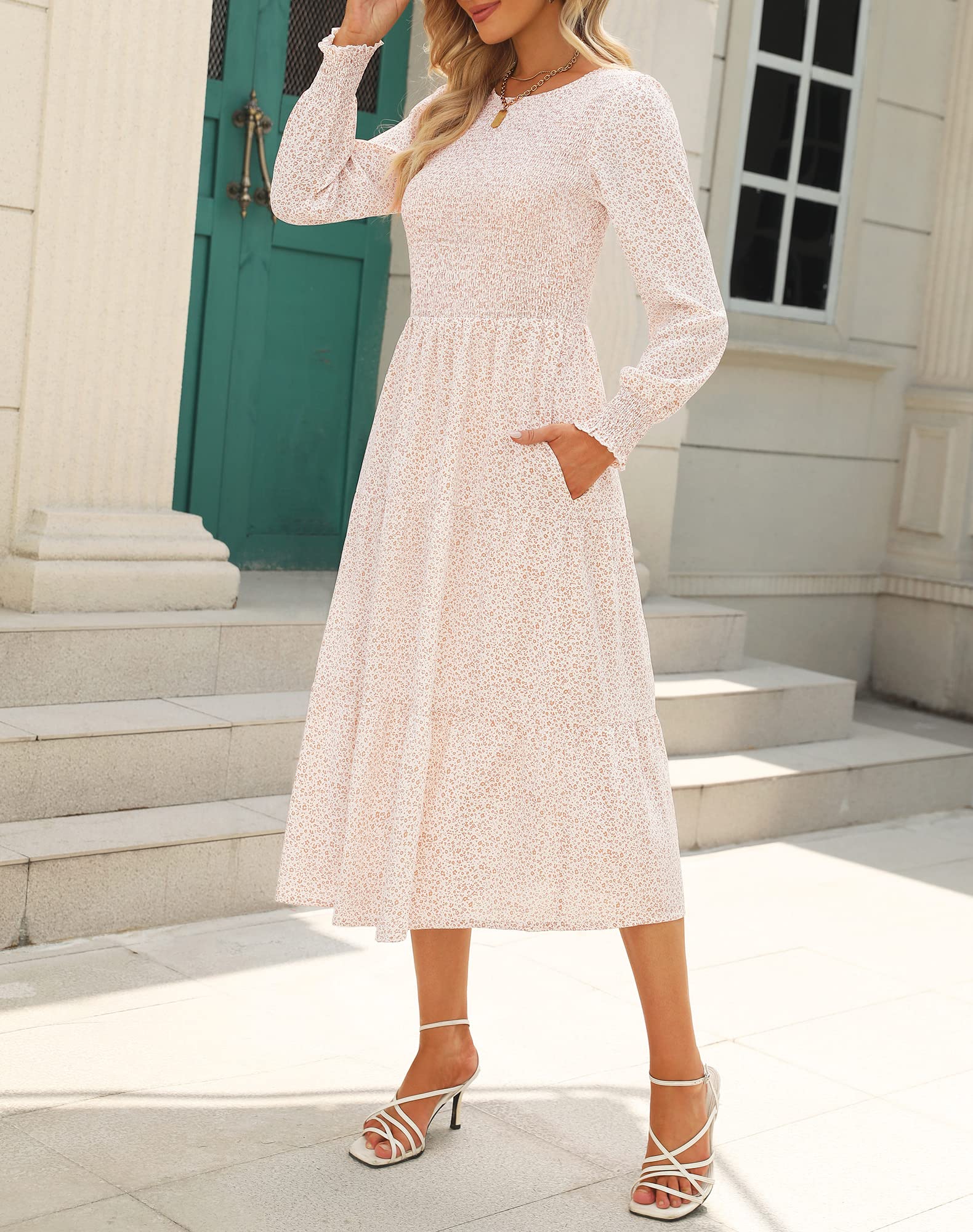 Zattcas Women's Fall Dresses 2025 - Casual Long Sleeve Boho Floral Midi Dress with Smocked Waist & Pockets | Perfect for Wedding Guest, Date Night & Autumn Outfits