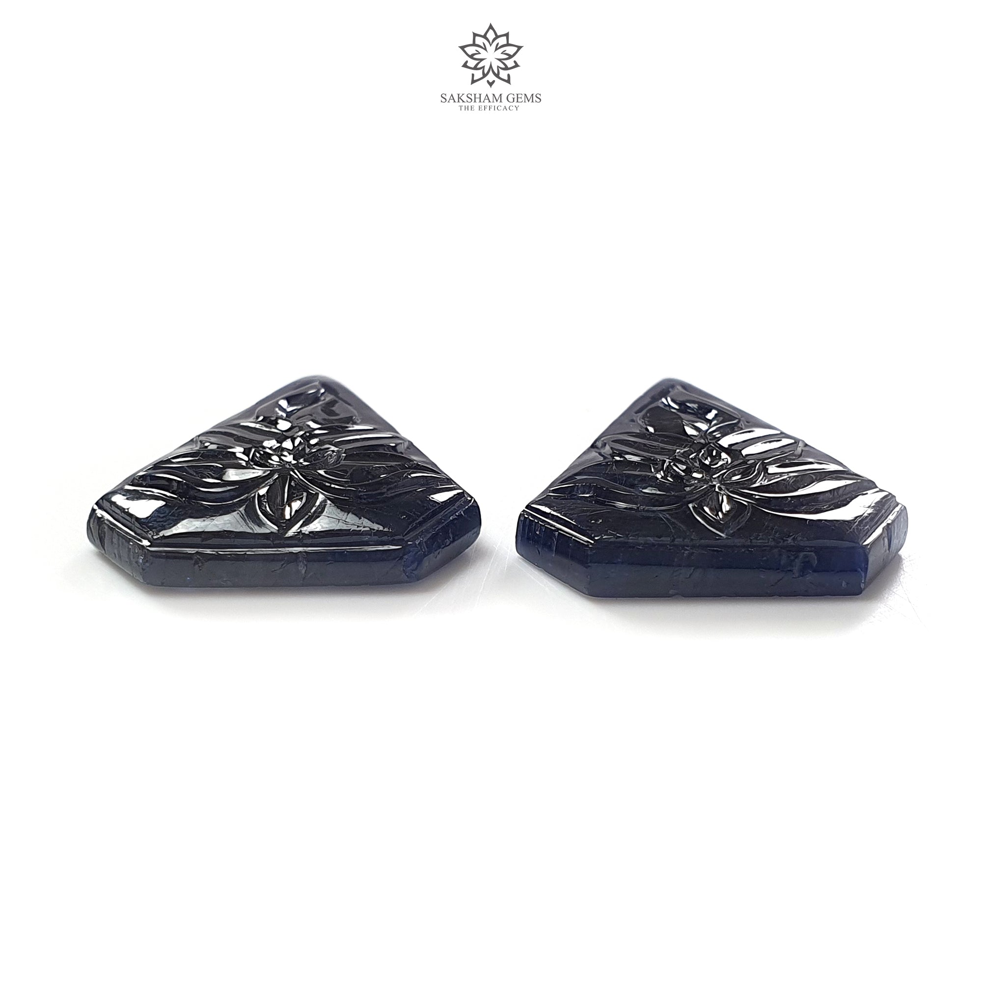Natural Untreated Dark Blue Sapphire Gemstone Carving - 44.60cts Unheated Hand-Carved Fancy Shape 26x18mm Pair for Jewelry Making & Luxury Gifts