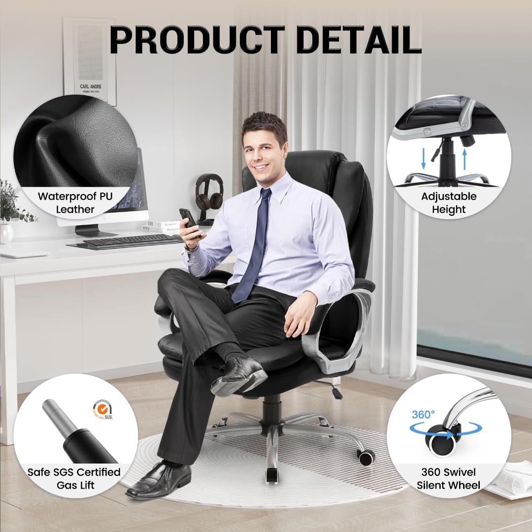 HLDIRECT Ergonomic Office Chair - High Back Executive Computer Chair with Adjustable Height, Rocking Function & Padded Armrests - PU Leather Desk Chair for Home Office - Perfect for Long Work Hours & Gaming Sessions