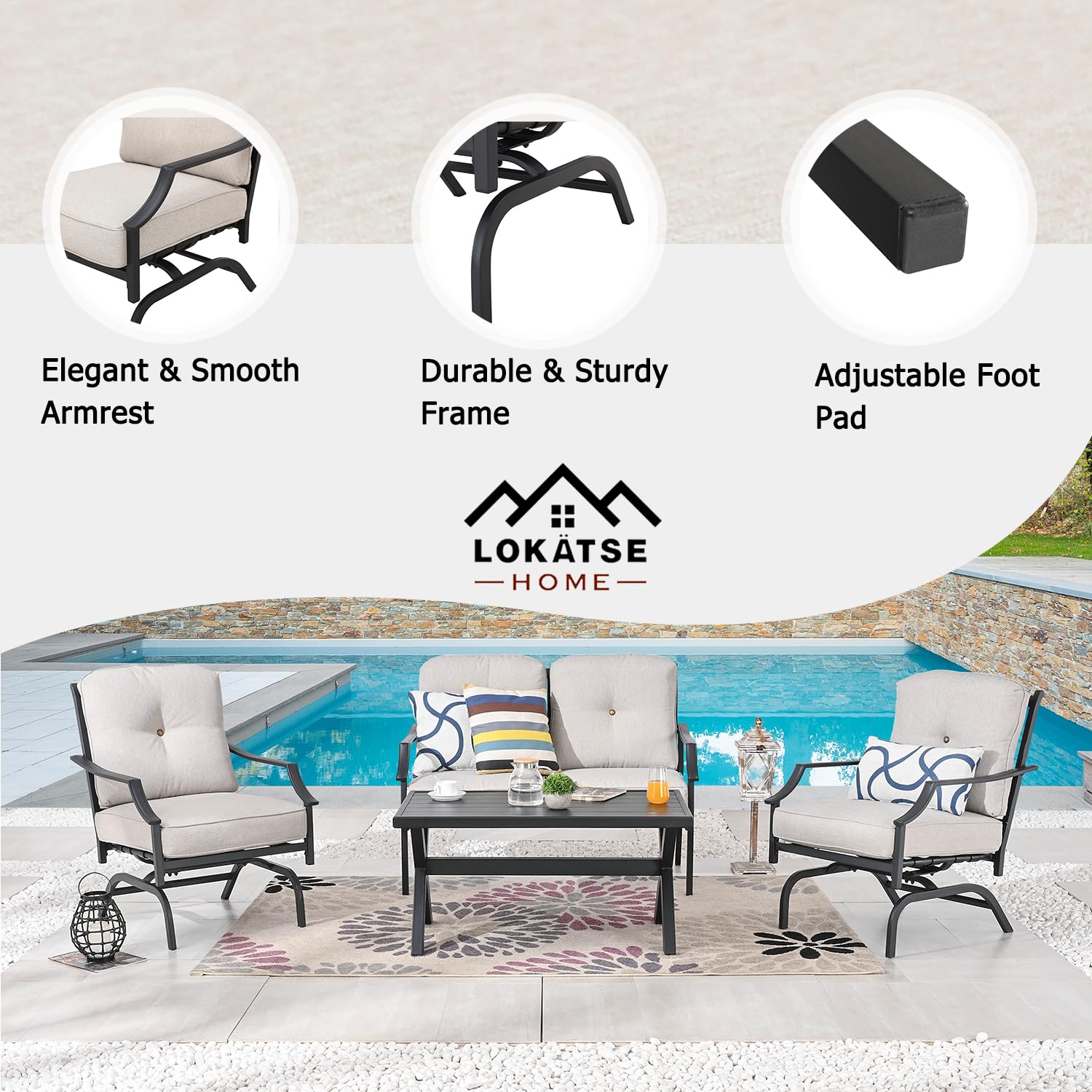 LOKATSE HOME 4-Piece Outdoor Patio Furniture Set - Beige Loveseat, 2 Single Sofas & Coffee Table for Backyard, Garden, Poolside, Balcony | Durable Weather-Resistant Conversation Set for Relaxing & Entertaining