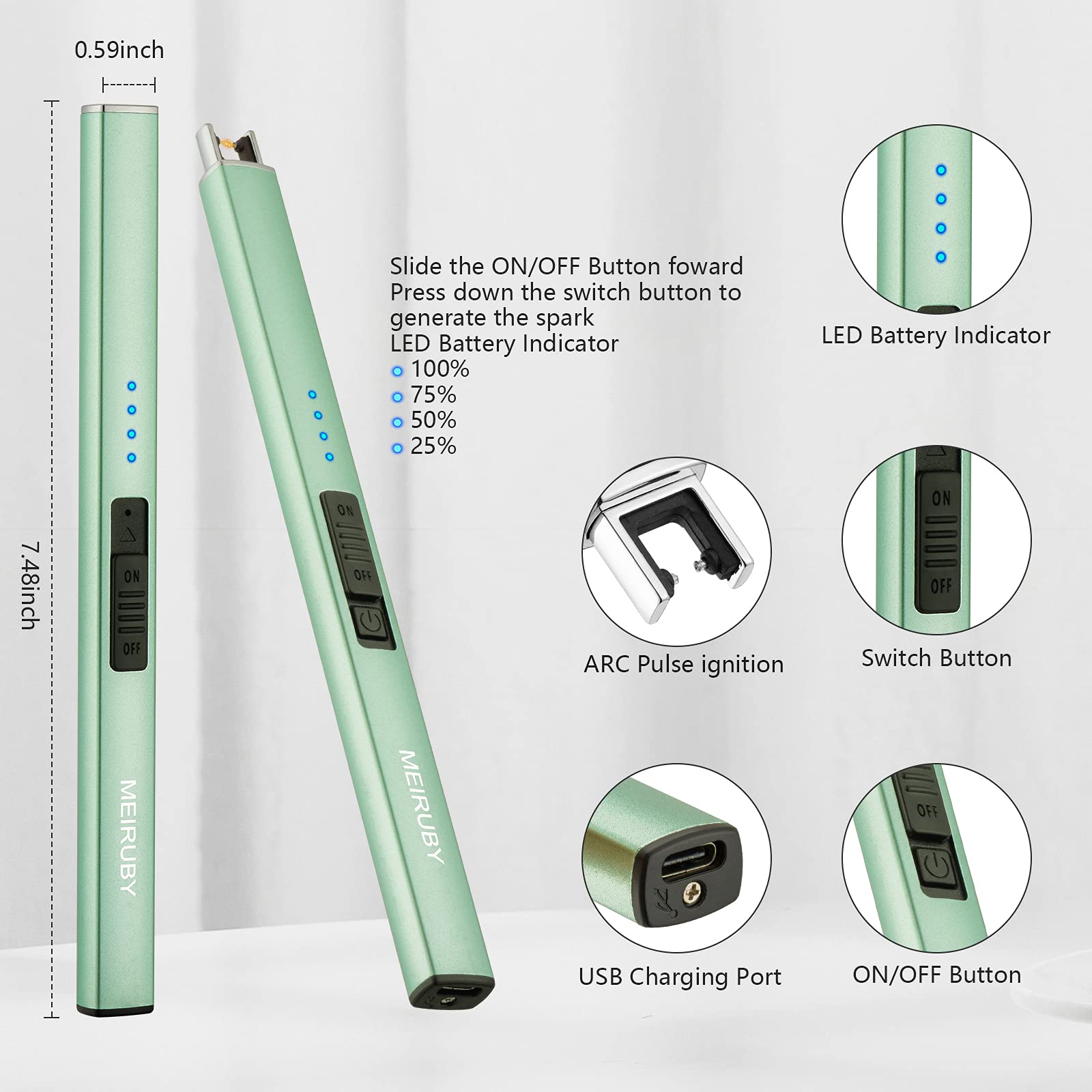 Rechargeable USB Electric Candle Lighter - Windproof Arc Flameless Lighter for Candles, Camping, BBQ & Gifts (Green) | Perfect for Birthday, Mother's Day, Women's Day & Outdoor Activities