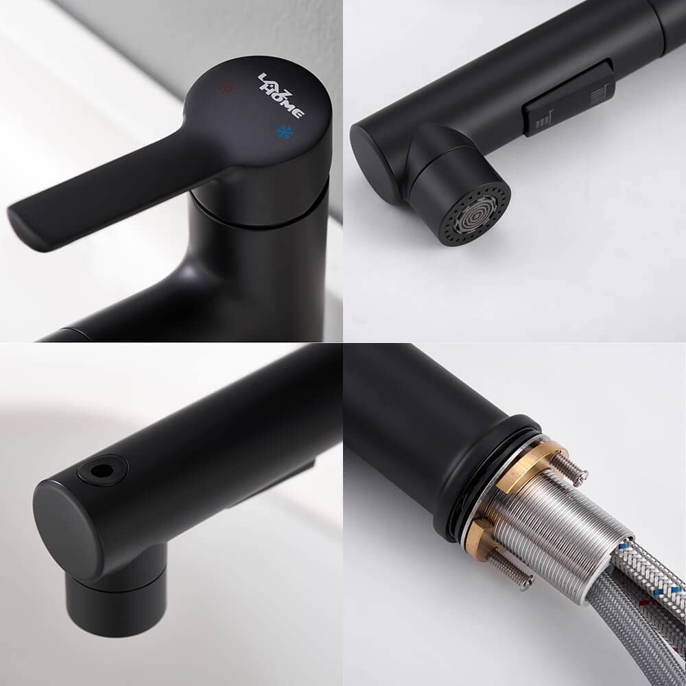 Black Single Handle Brass Bathroom Sink Faucet with Pull-Out Sprayer - 3 Water Flow Modes for Hot & Cold Water - Perfect for Vanity, Basin, and Modern Bathroom Renovations