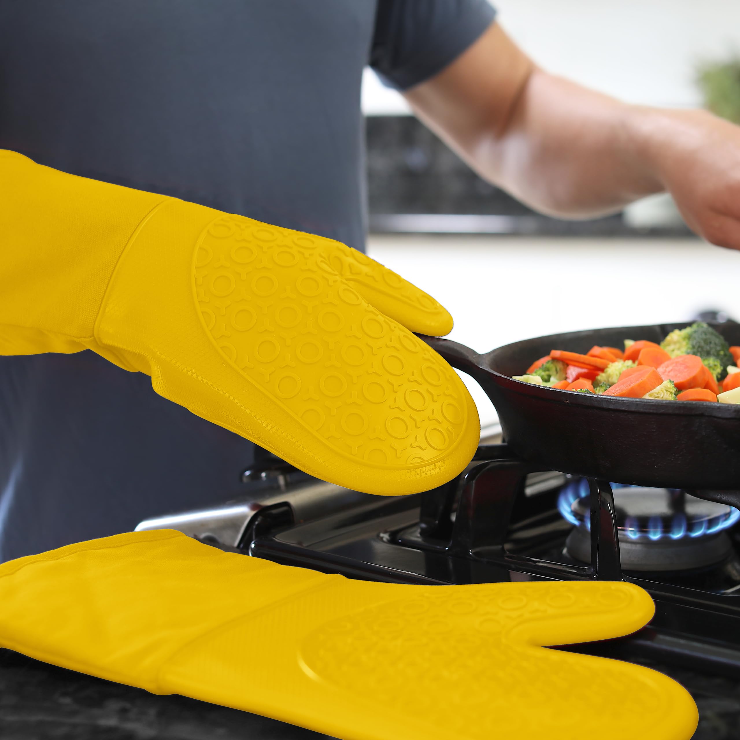 BPA-Free Soft Silicone Oven Mitts - Heat Resistant Kitchen Gloves with Thick Cotton Liner, Non-Slip Pot Holders for Baking, Grilling & Cooking - Yellow 13.7