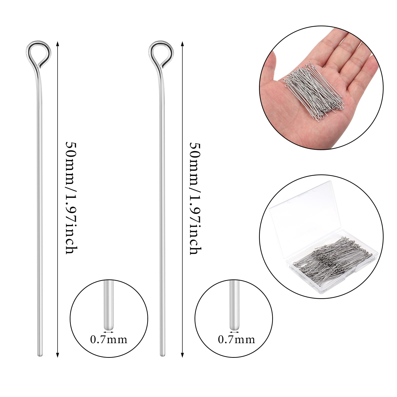 50mm Jewelry Eye Pins 200pcs - Platinum Ball Head Pins for Earrings, Bracelets & Necklace Making