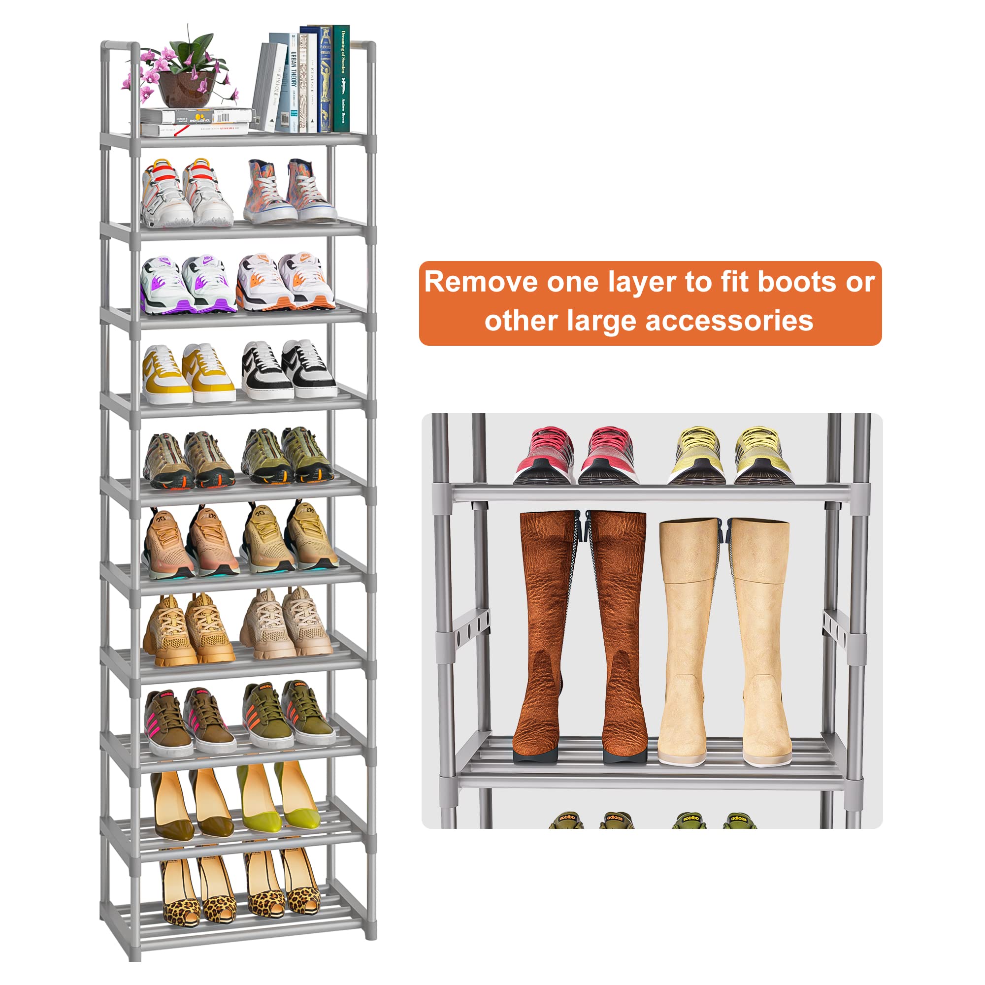 10-Tier Metal Shoe Rack Organizer - Space Saving Narrow Shoe Shelf for Closet, Entryway, Bedroom & Garage - Durable Steel Shoe Storage Solution (Silver) - Perfect for Small Spaces & Shoe Collection Organization