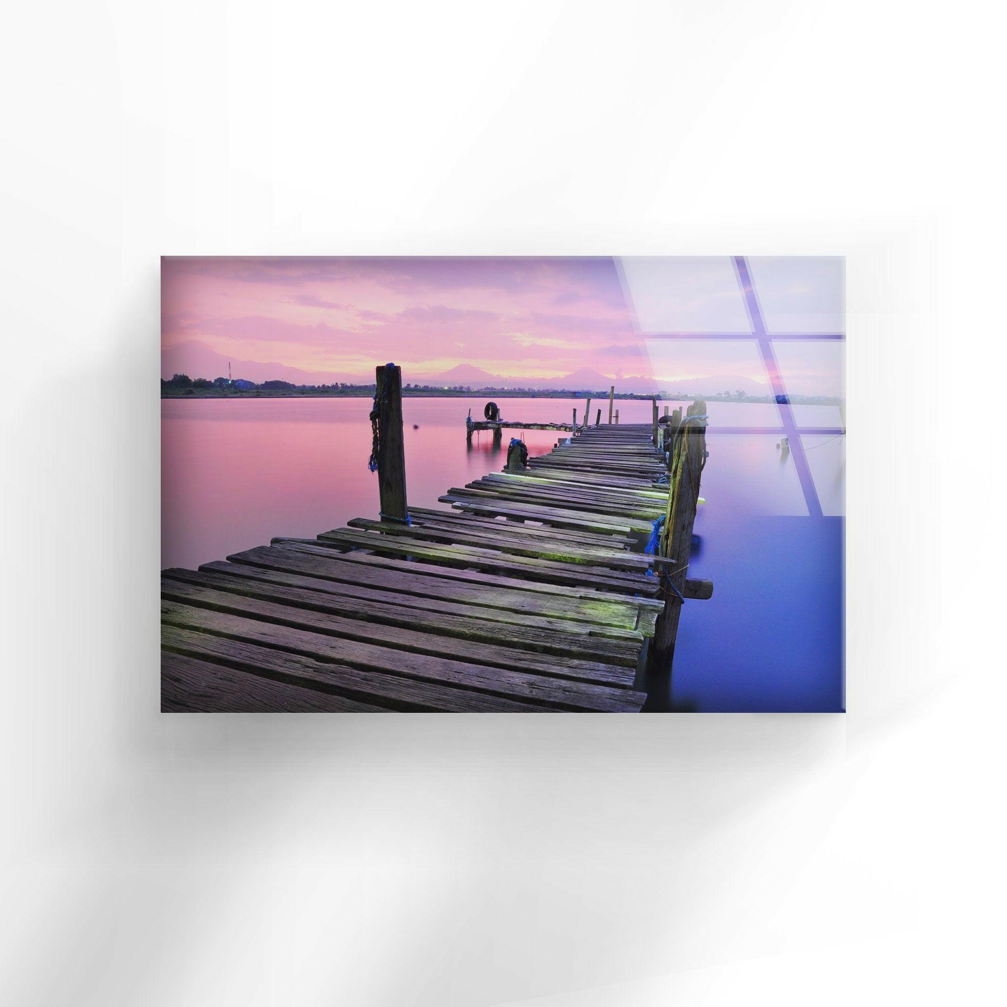 Stunning Sunrise Over Abandoned Dock - Handmade Glass Wall Art for Living Room, Bedroom & Office Decor | Coastal Landscape Artwork