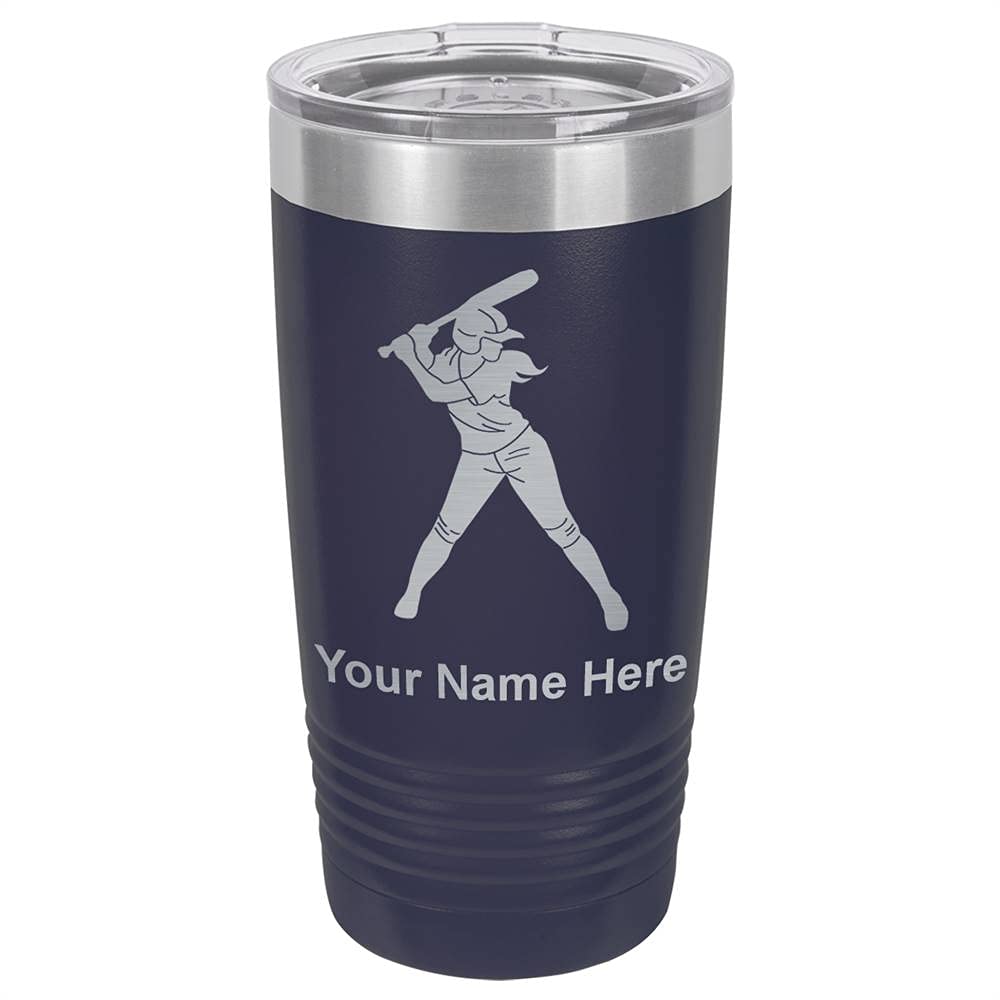 LaserGram 20oz Vacuum Insulated Stainless Steel Tumbler with Lid - Custom Engraved Softball Player Design for Women, Perfect Gift for Athletes & Coaches - Ideal for Gym, Office & Outdoor Activities (Navy Blue)