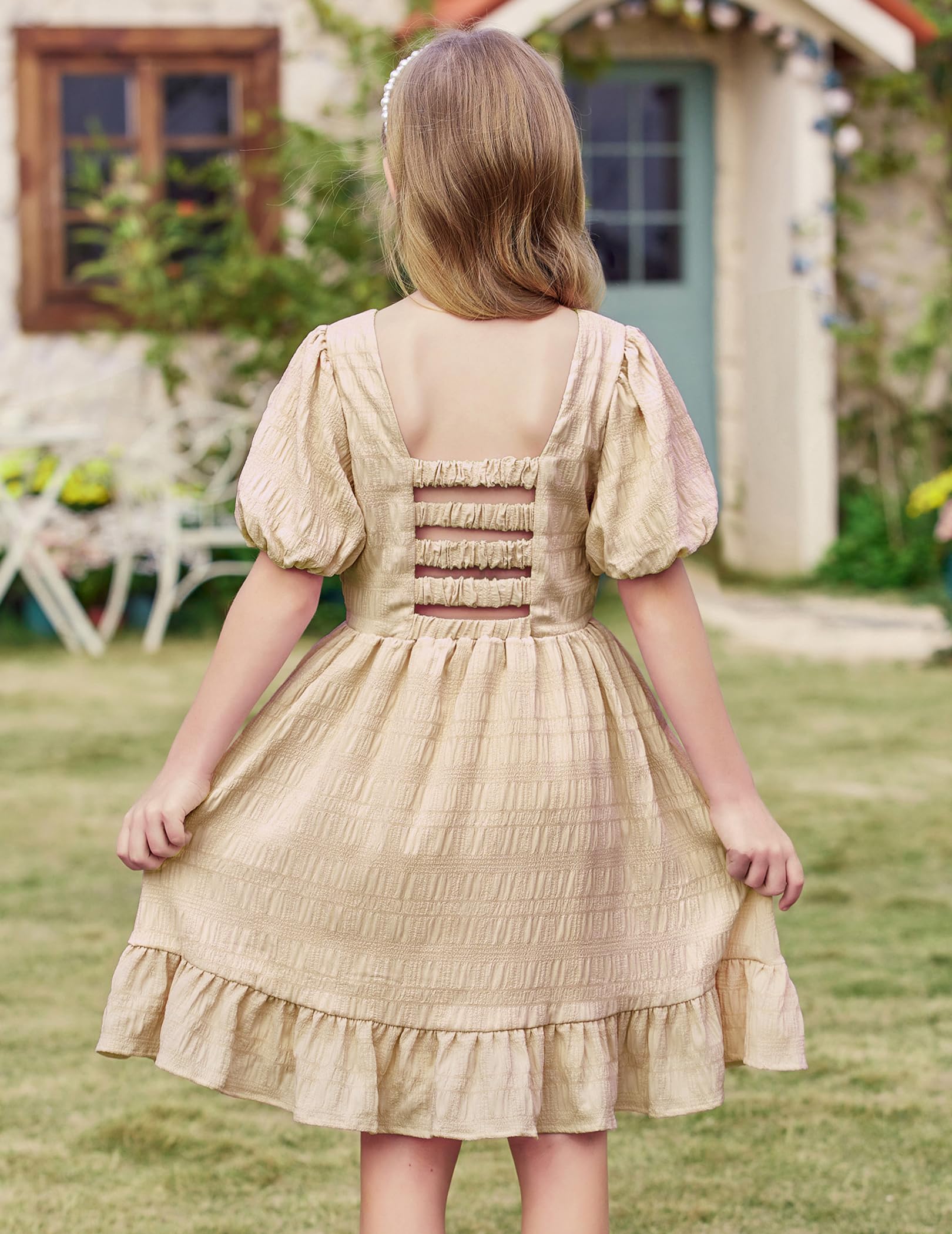 Arshiner Girls Backless Summer Dress - Short Sleeve Square Neck Ruffle Hem Elegant Party Dress for Kids | Birthday, Photo Shoot, Special Occasions