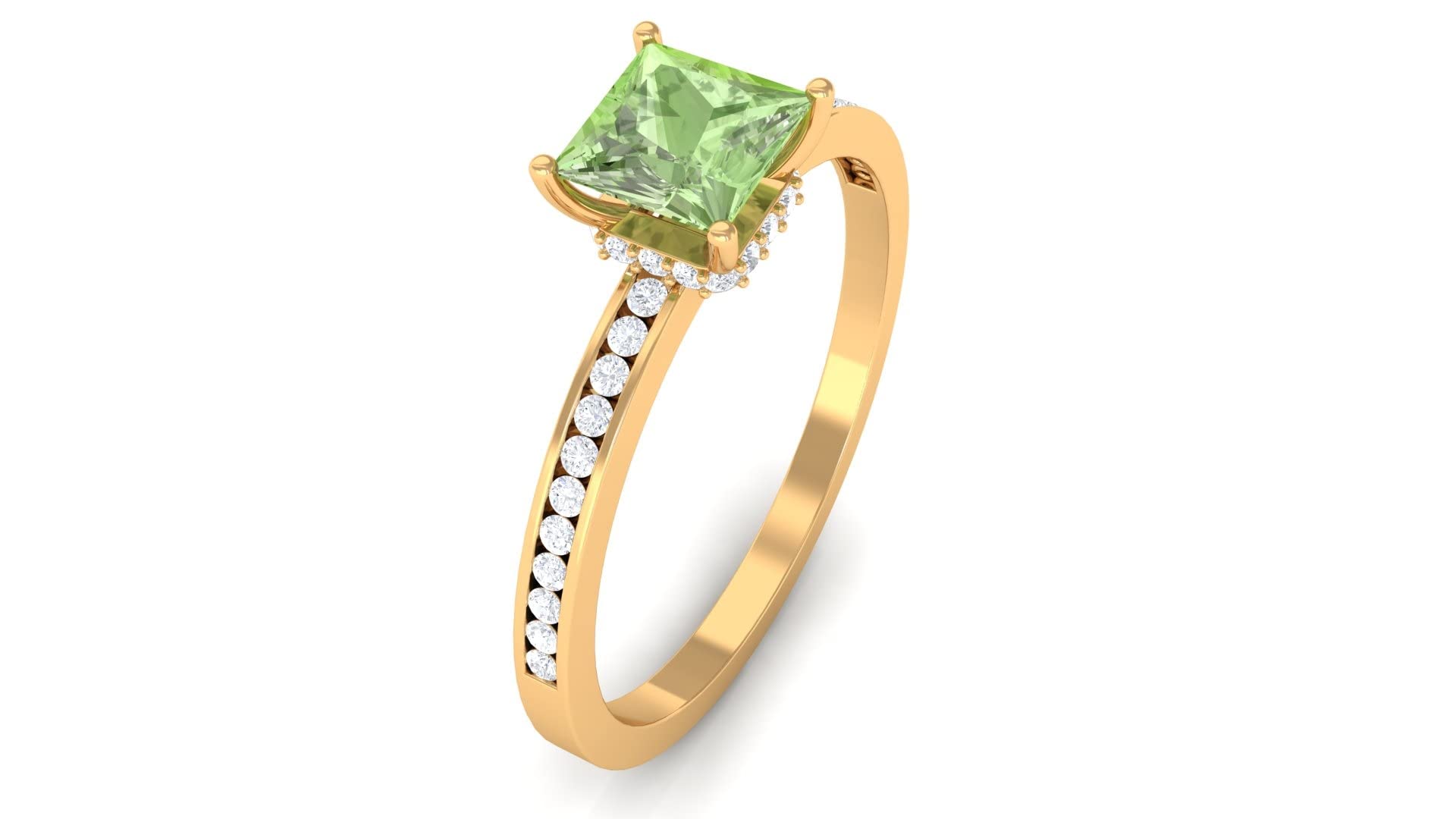 4.5 MM Princess Cut Green Sapphire Solitaire Ring - 1 CT Sapphire & Diamond Engagement Ring with Hidden Halo & Channel Set Diamonds - September Birthstone Jewelry in 14K Solid Gold - Perfect for Anniversaries, Proposals & Special Occasions