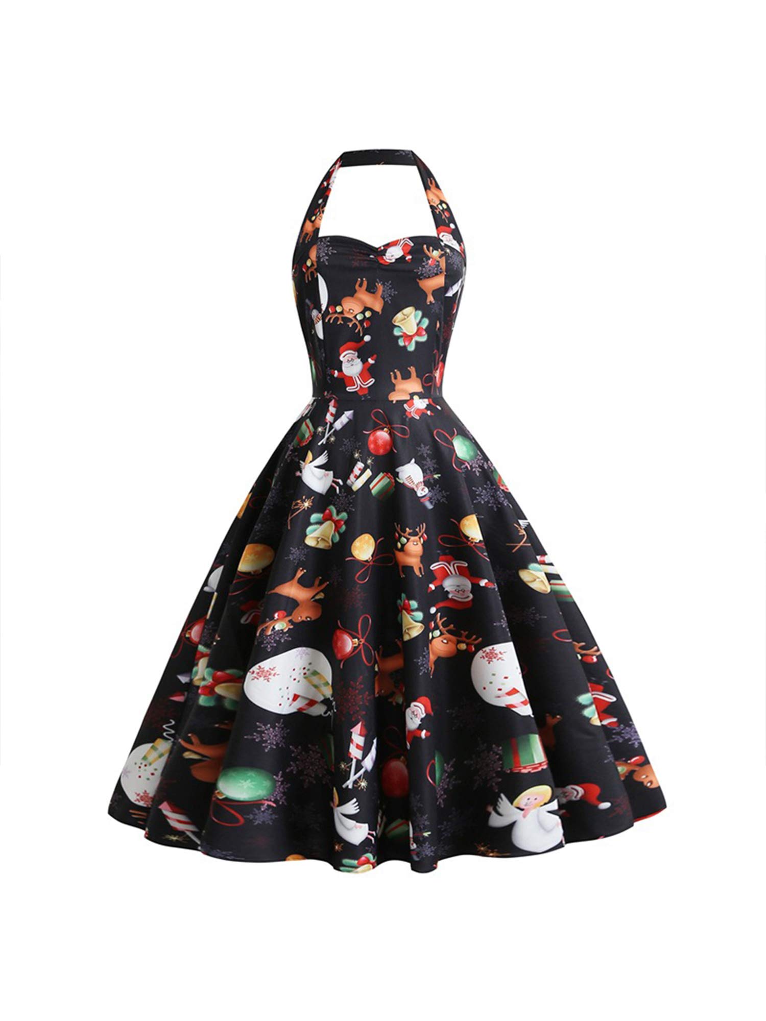 Vintage Print Women's Sleeveless Christmas A-Line Dress - High Waist V-Neck Halter Party Gown for Holiday Celebrations, Festive Gatherings & Special Occasions