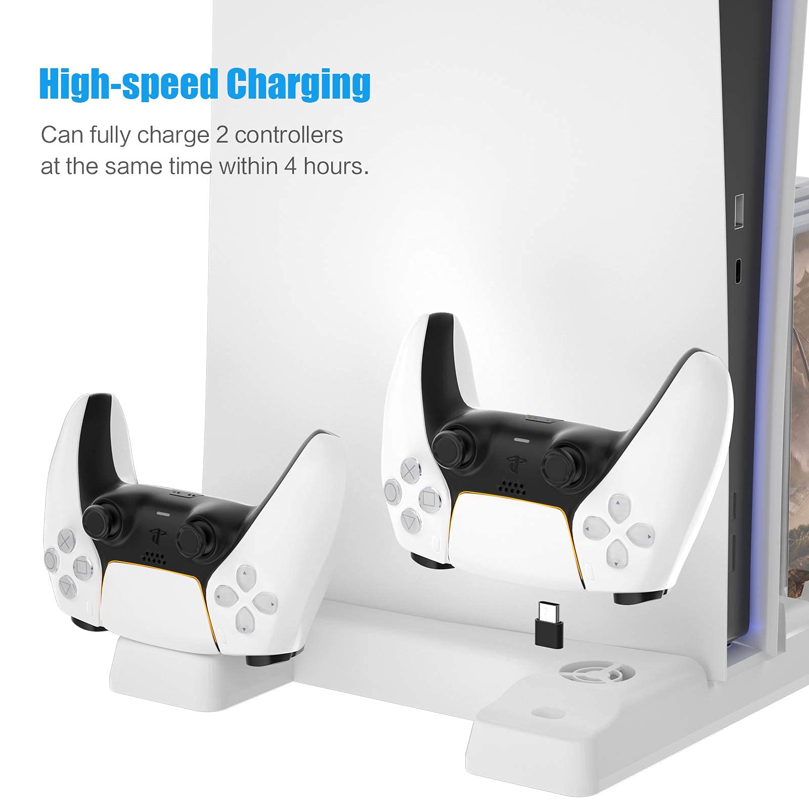 HEATFUN PS5 White Charging Station with Cooling Fans - Fast Charging Dock, 3-Speed Adjustable Cooling, 12-Game Storage Rack - Perfect for PS5 Gaming Setup & Console Organization